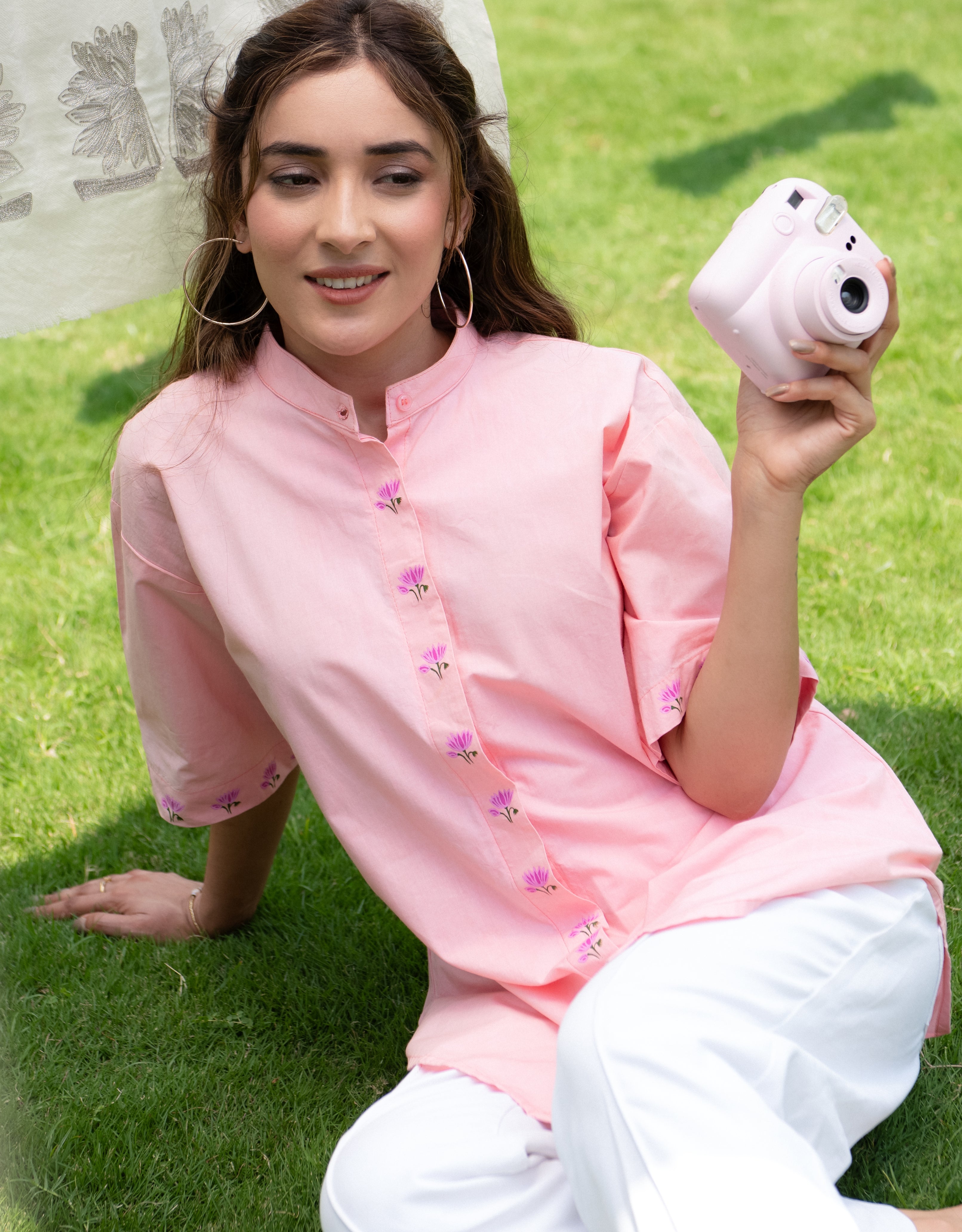 Blush Lotus Handpainted Cotton Shirt with Band Neck Collar