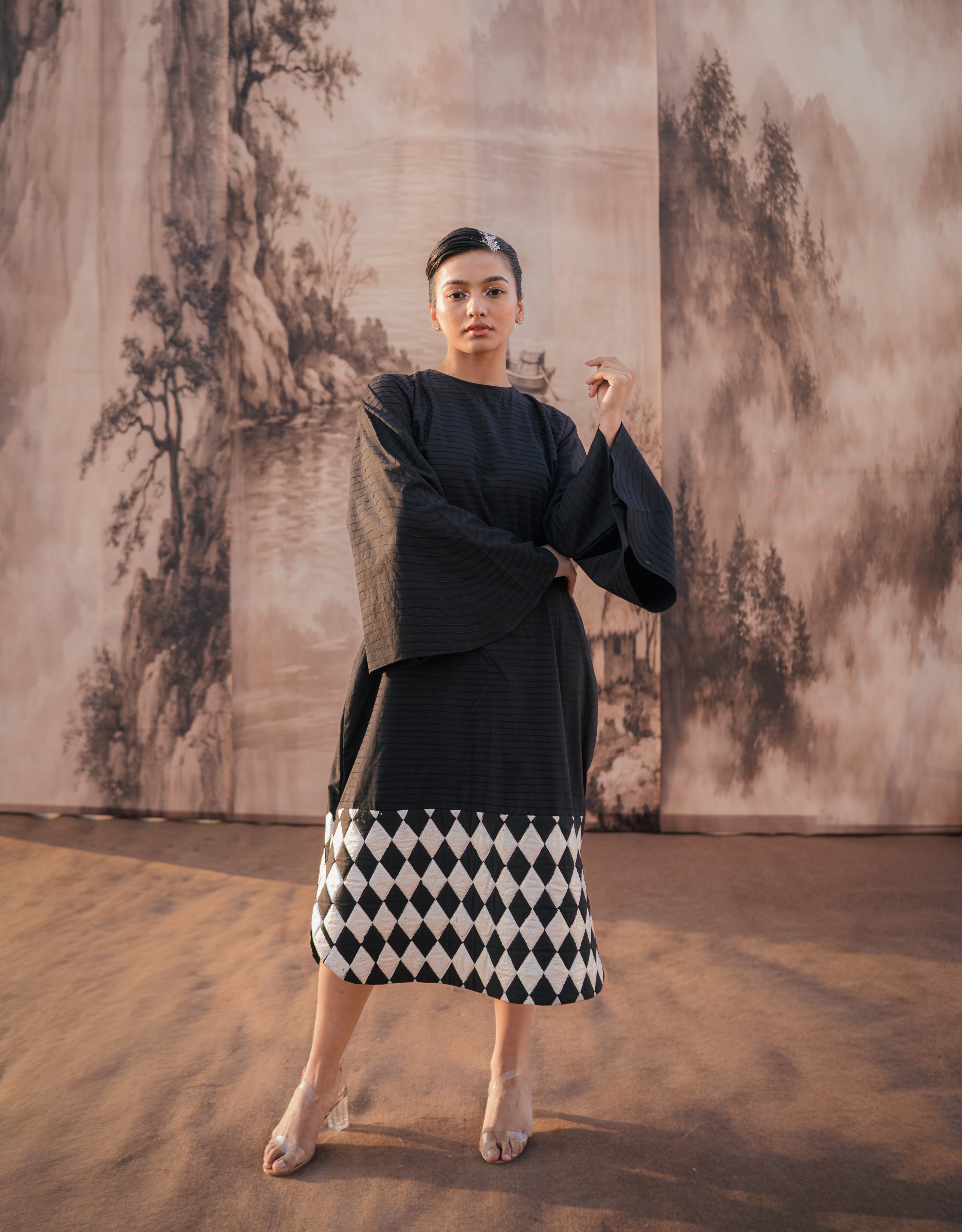 Charcoal Black Embroidery & Silver Printed Cotton Dress
