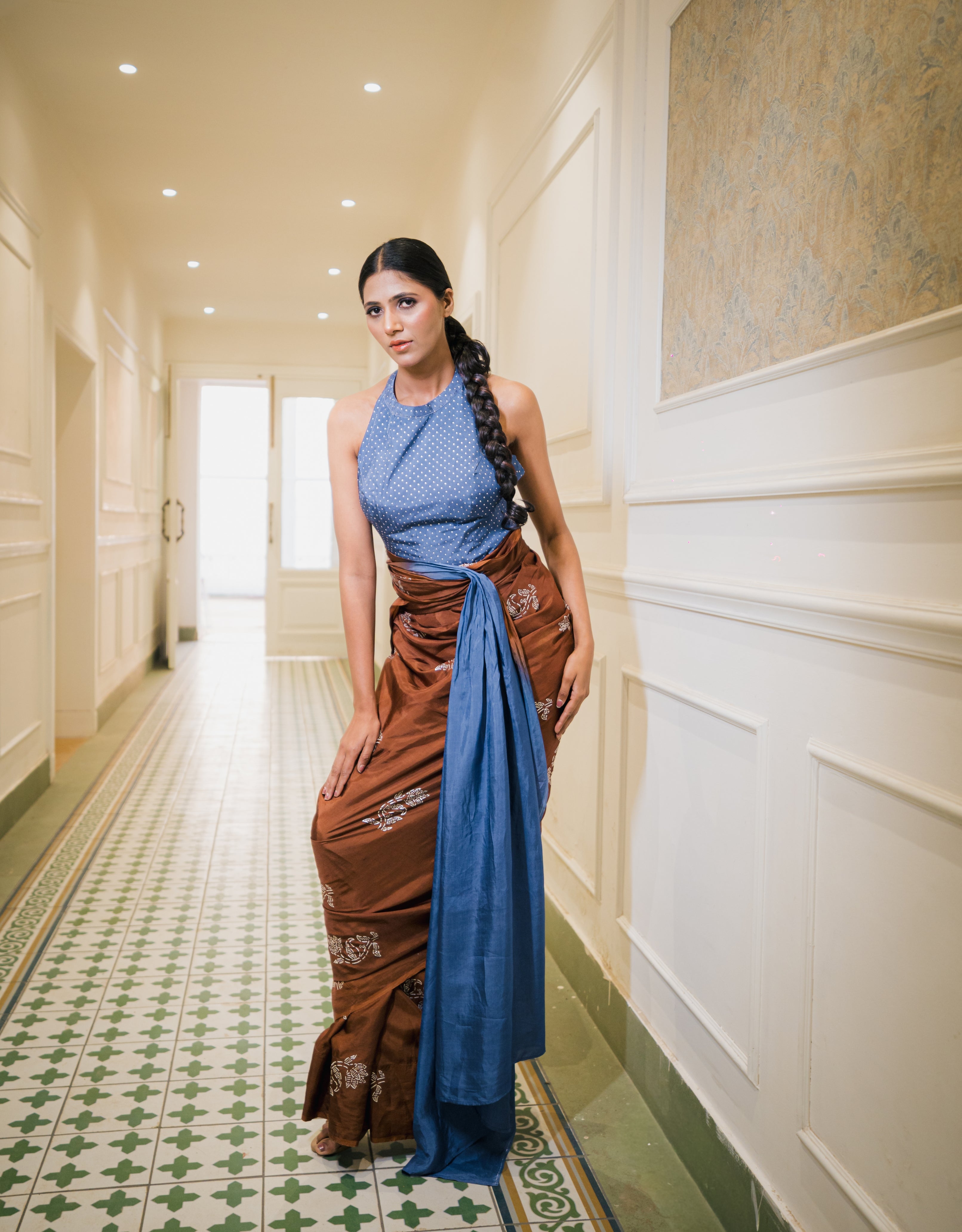 Chocolate Sapphire Silver Printed Silk Saree