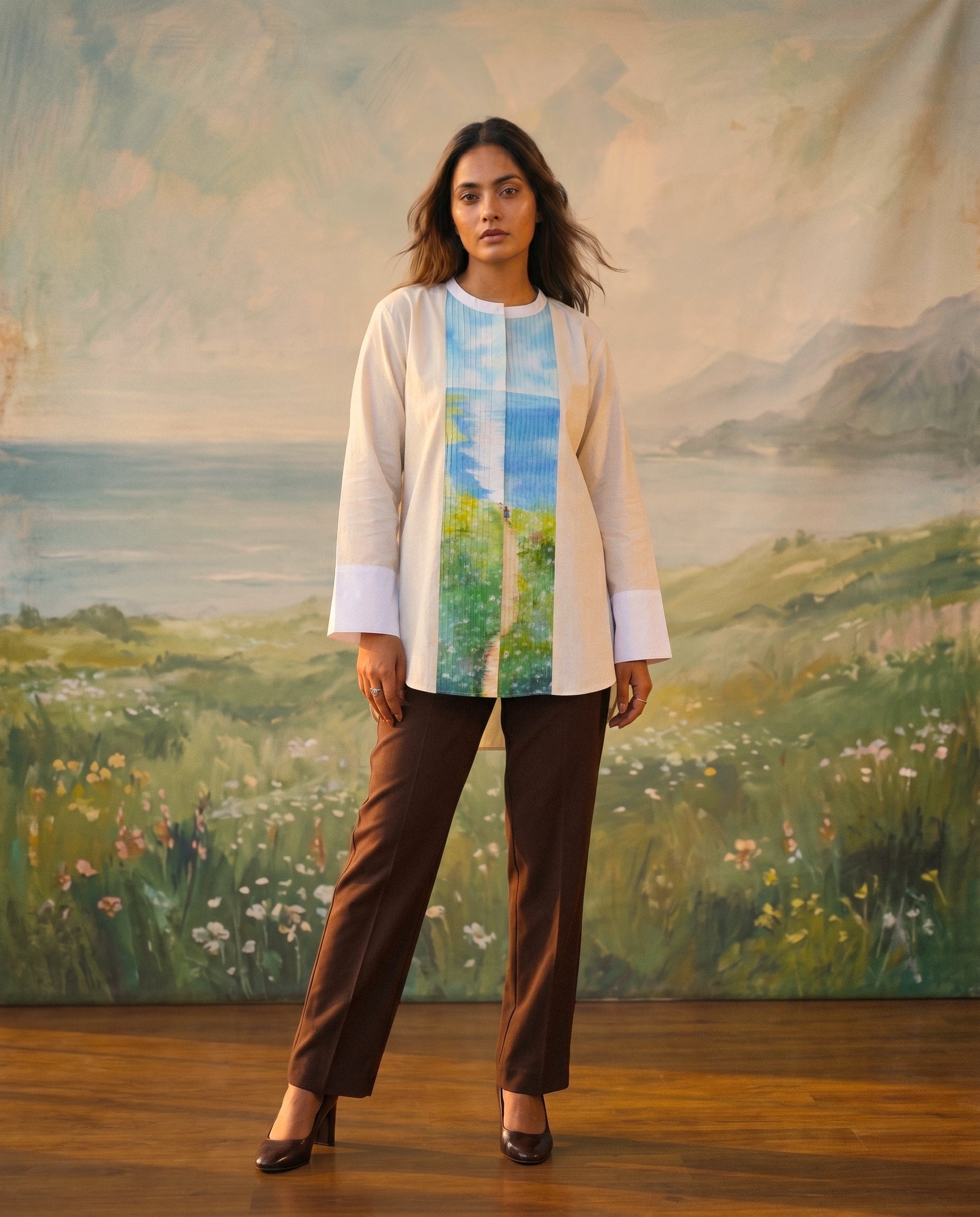 Beige Scenic Handpainted Pin tucks Cotton Shirt