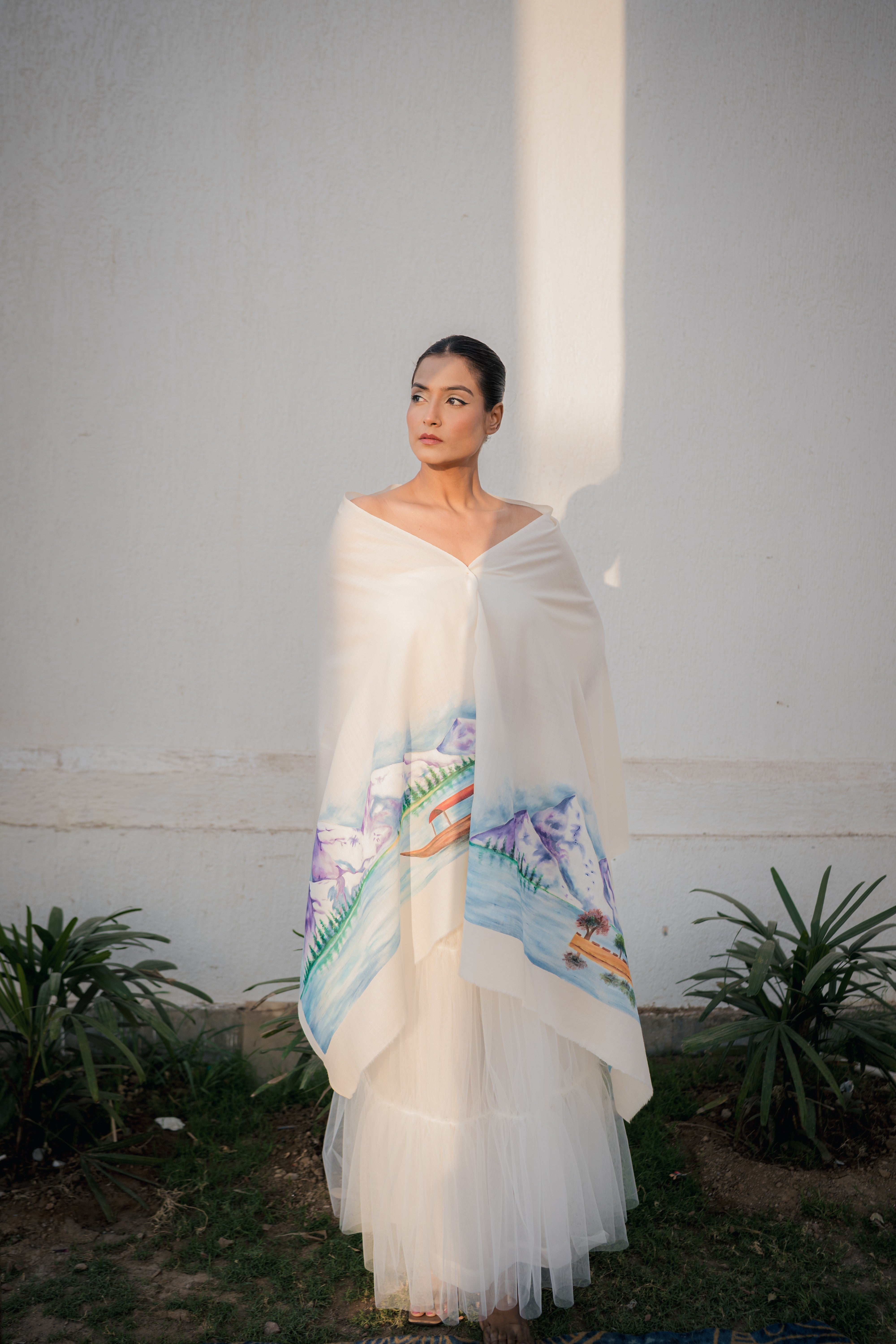 Kashmir White Handpainted Scarf