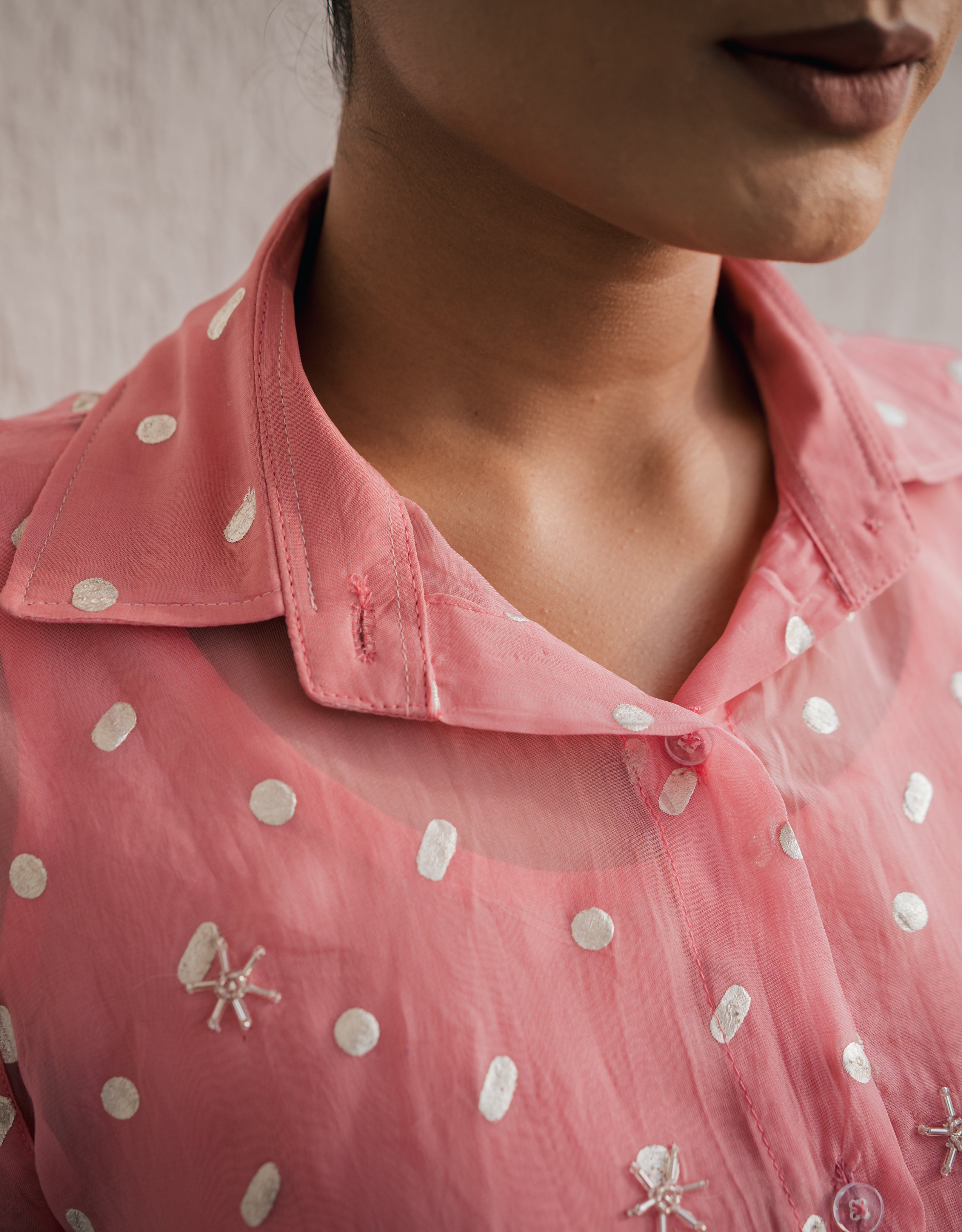 Blush Silver Printed Embroidery Organza Shirt