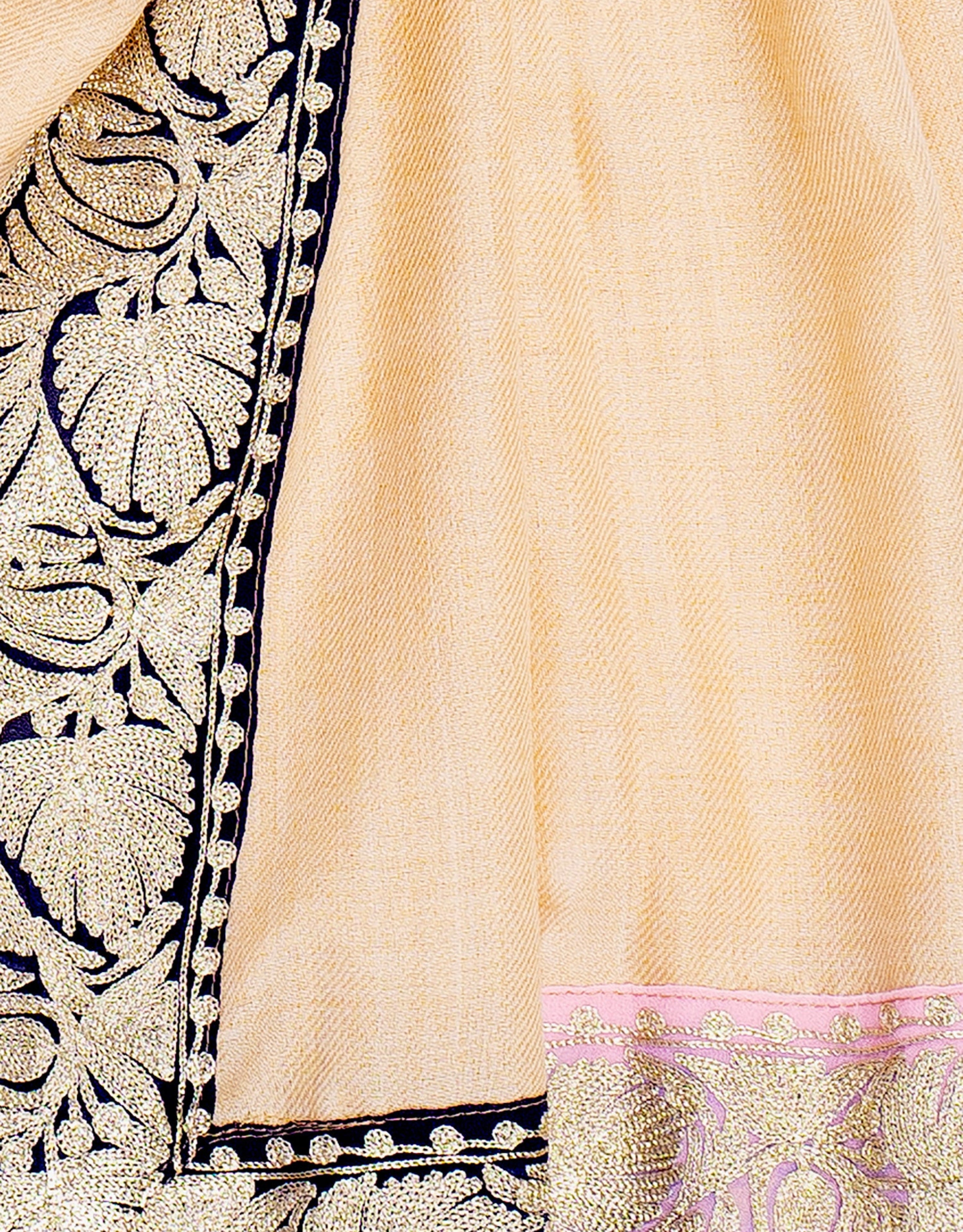 Coloring Boundaries in Pashmina-Embroidered Stole with Earthy Tones and Ornate Borders in Beige