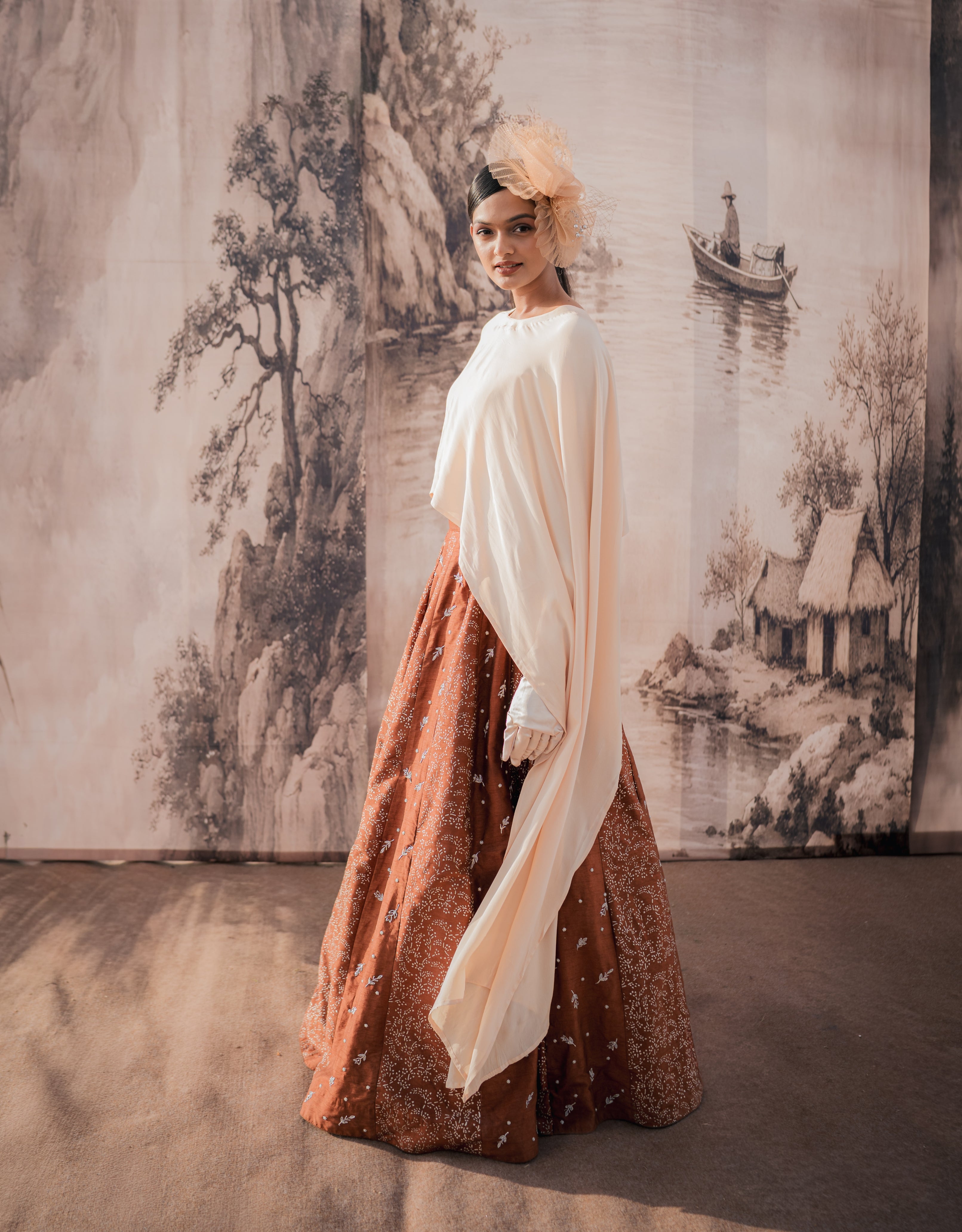 Chocolate Beige Silver Printed & Embroidery Skirt & Cape