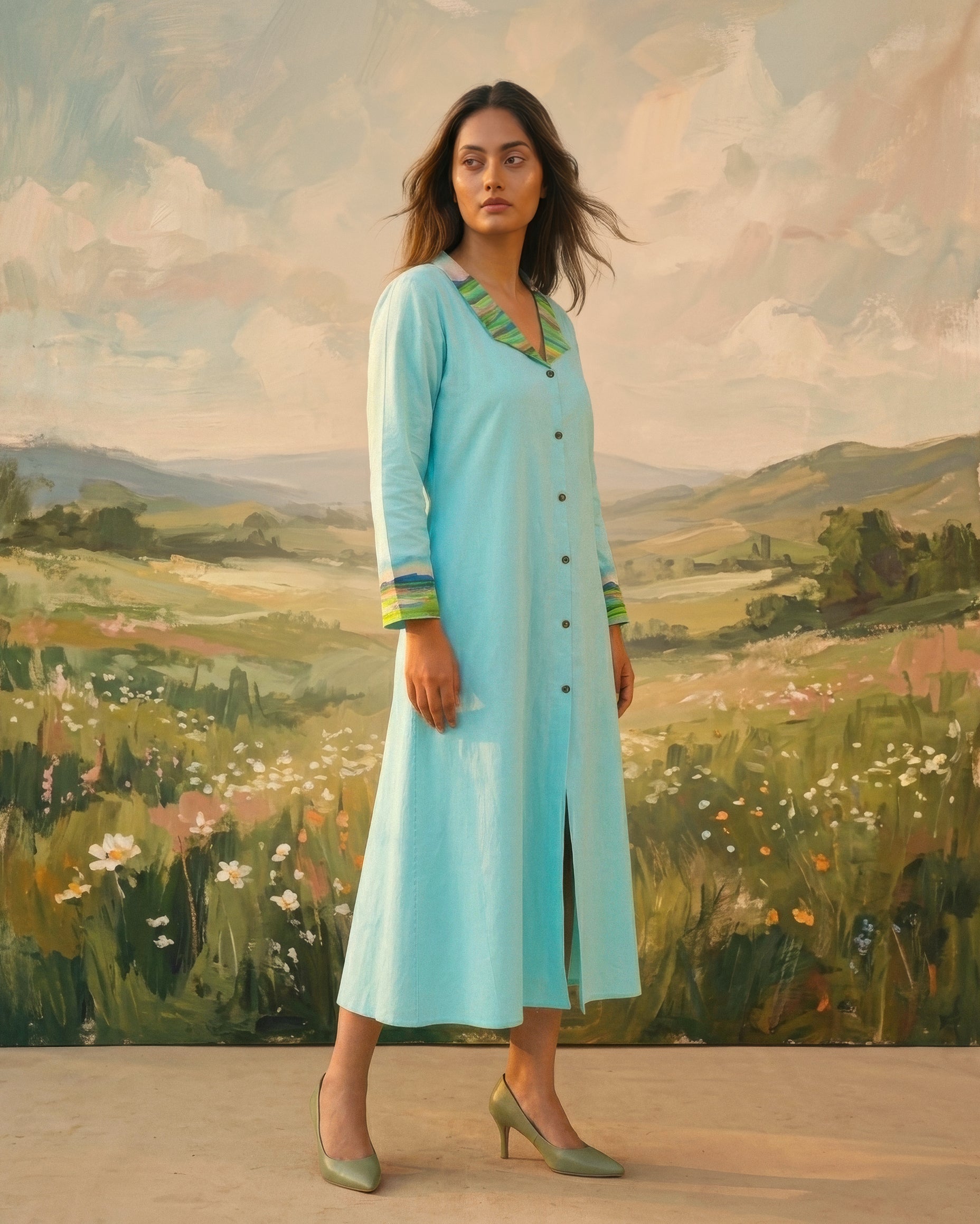 Aqua Handpainted Collar Dress in Cotton