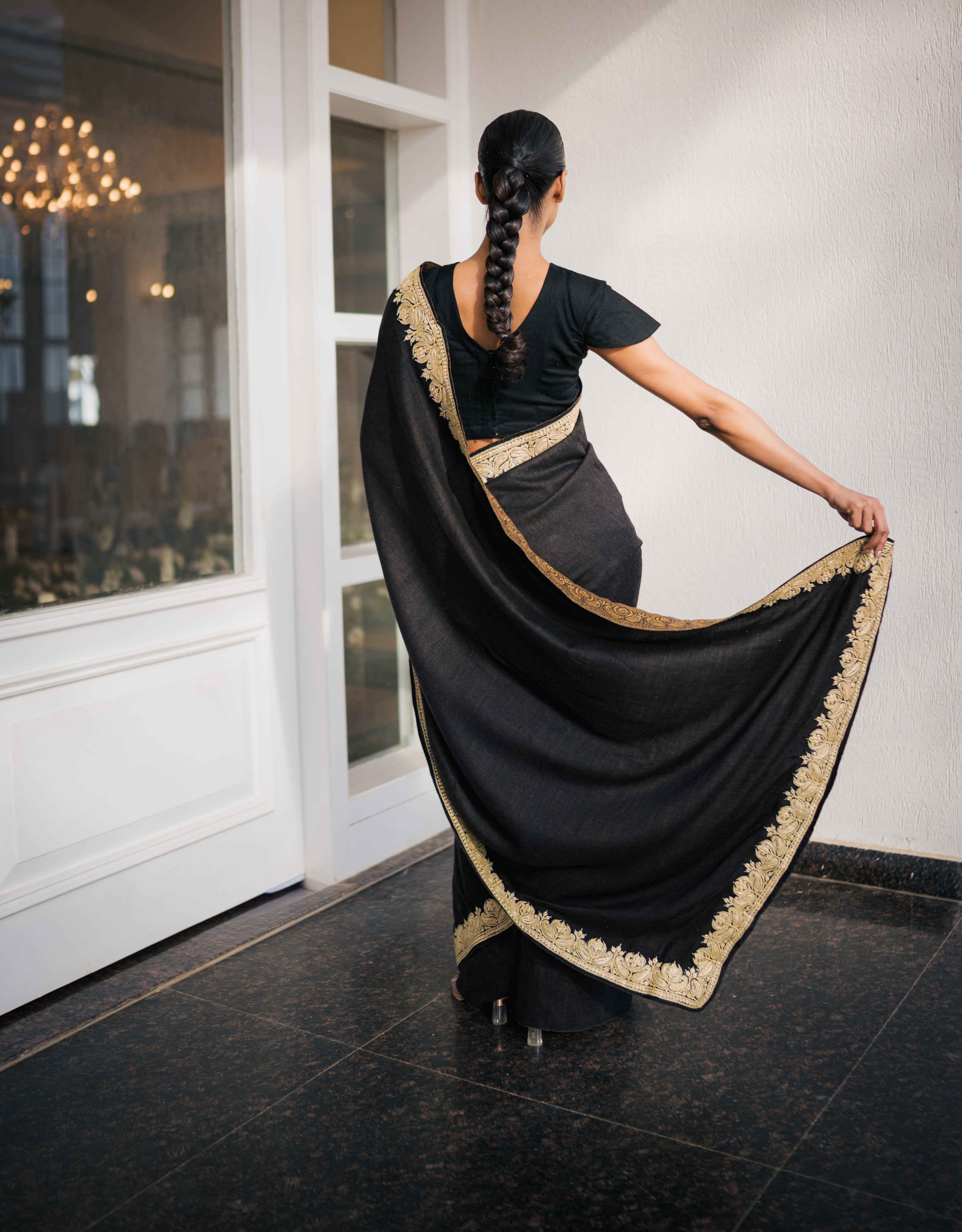 Ochre Black Reversible Embroidery & Handpainted Pashmina Saree