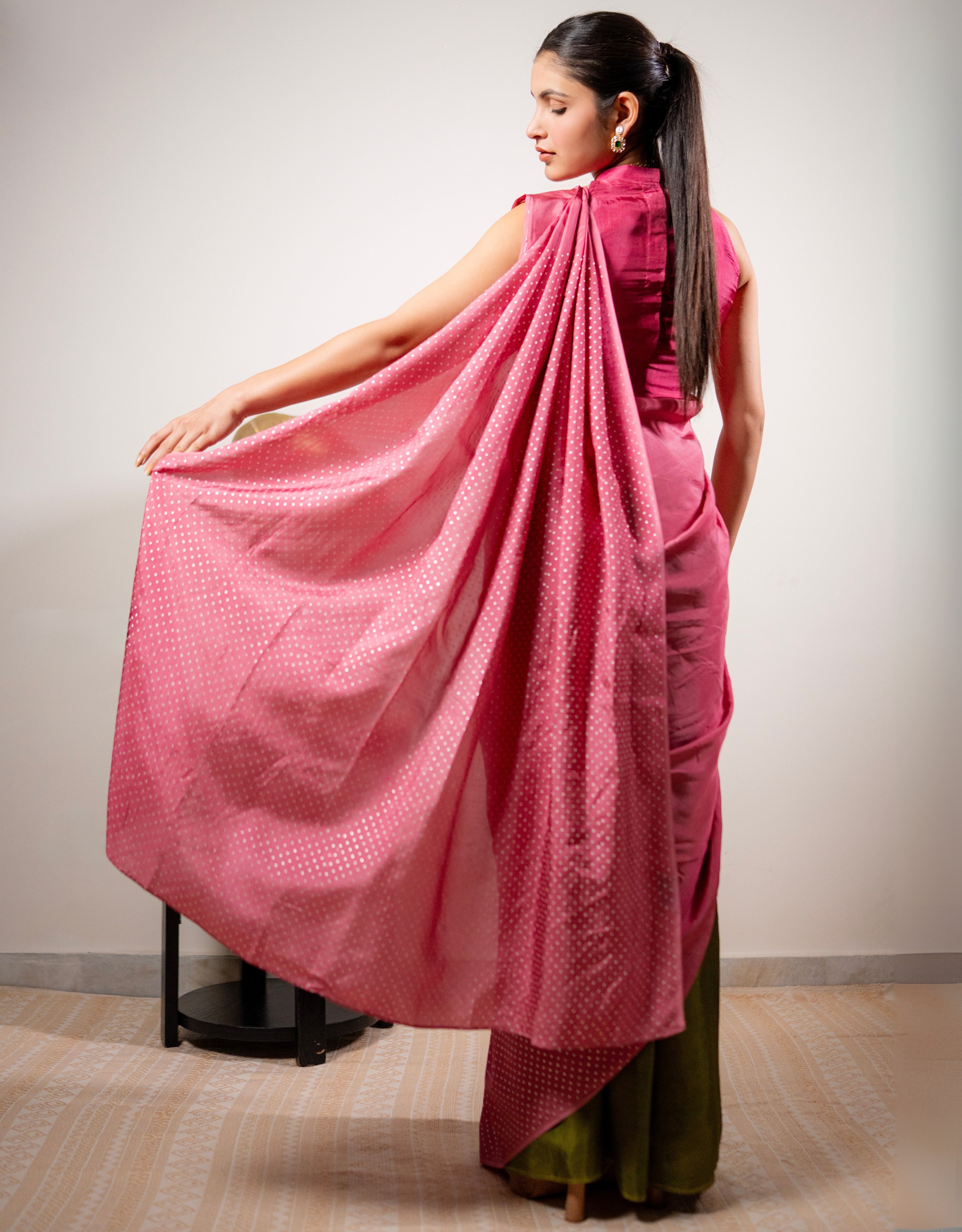 Blush Polka Dot Real Silver Silk Saree