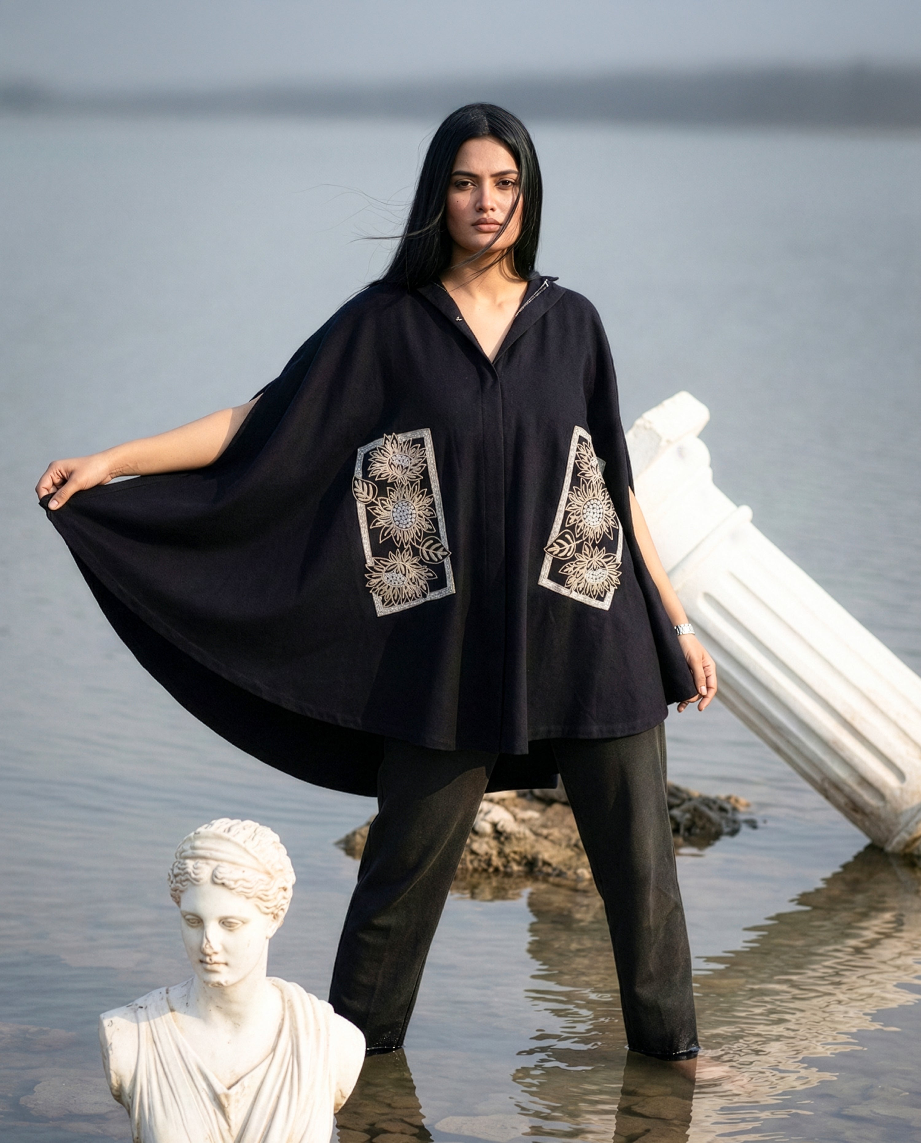 Midnight Harvest Sunflower Embrodiery Cape