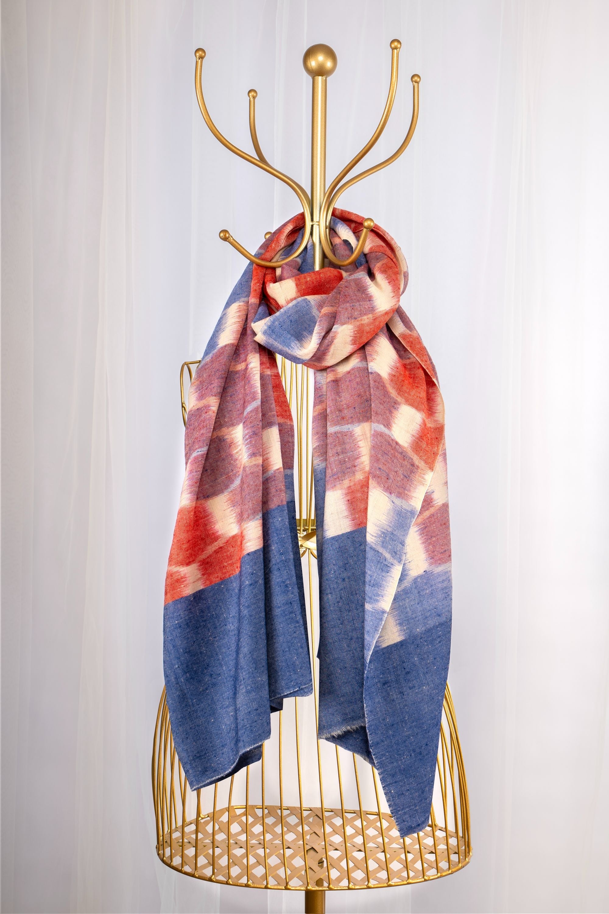 Red & Navy Blue Pure Pashmina Scarf - Ikat