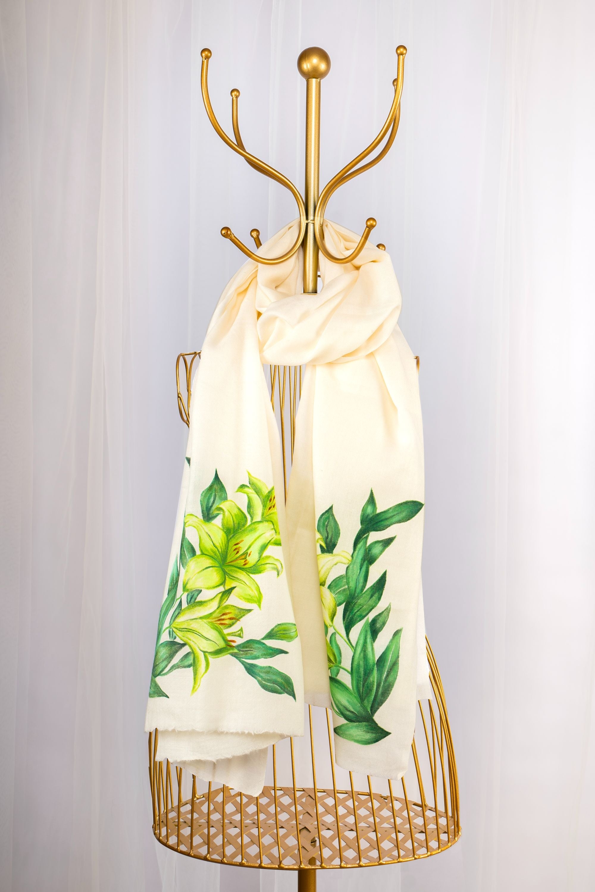 White Fine Wool Hand-Painted Scarf - Lilies and more