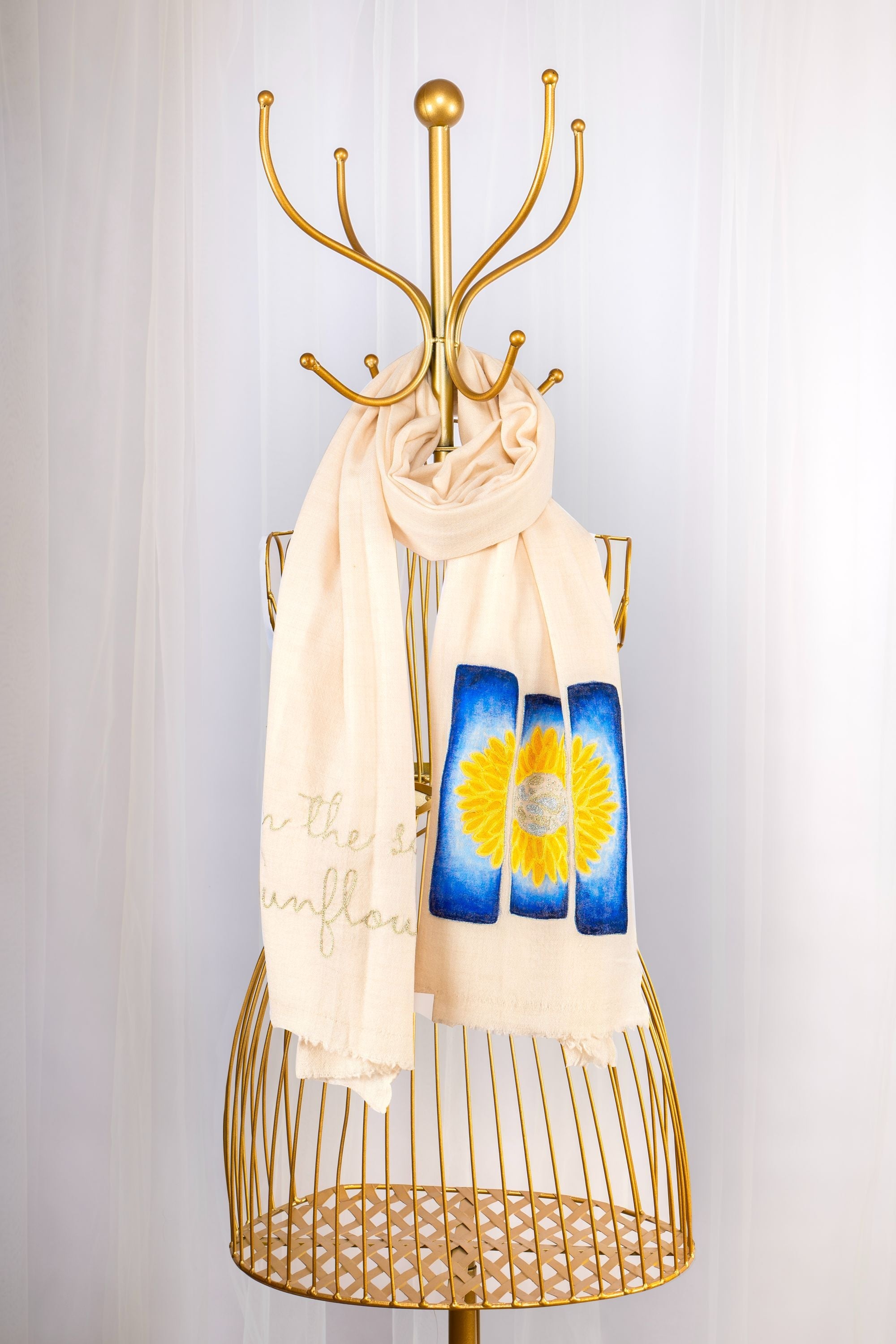 White Pure Pashmina Hand-Painted Scarf - Sketched Sunflowers