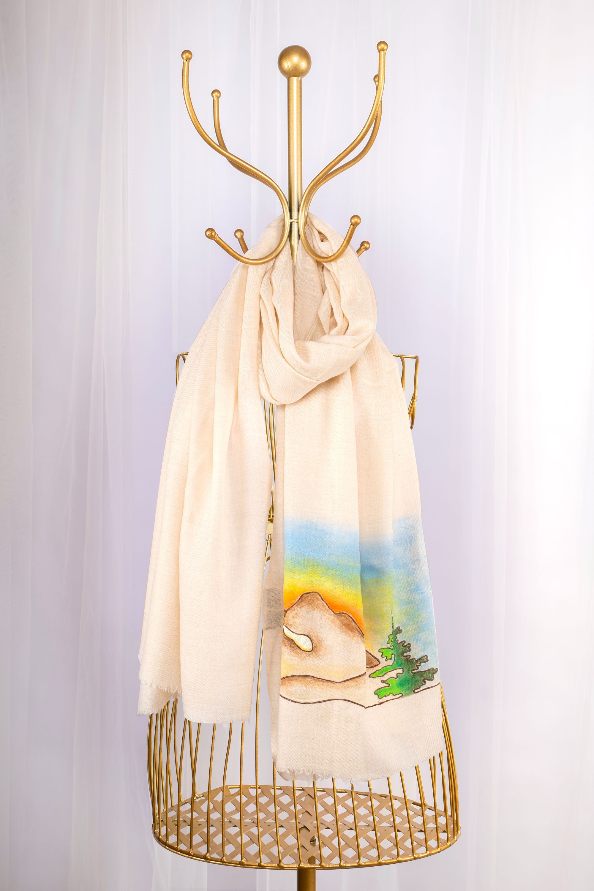 Beige Pure Pashmina Hand-Painted Scarf - Somewhere Sometimes