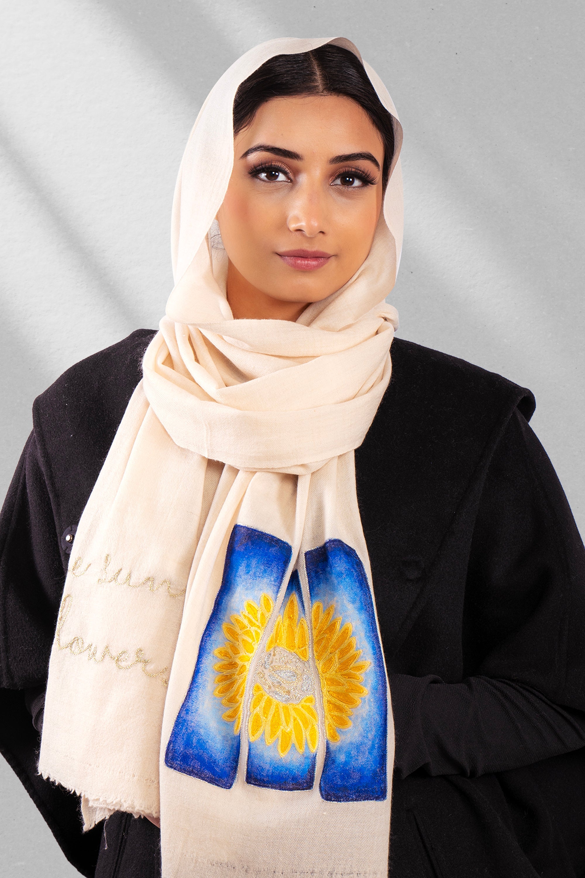 White Pure Pashmina Hand-Painted Scarf - Sketched Sunflowers