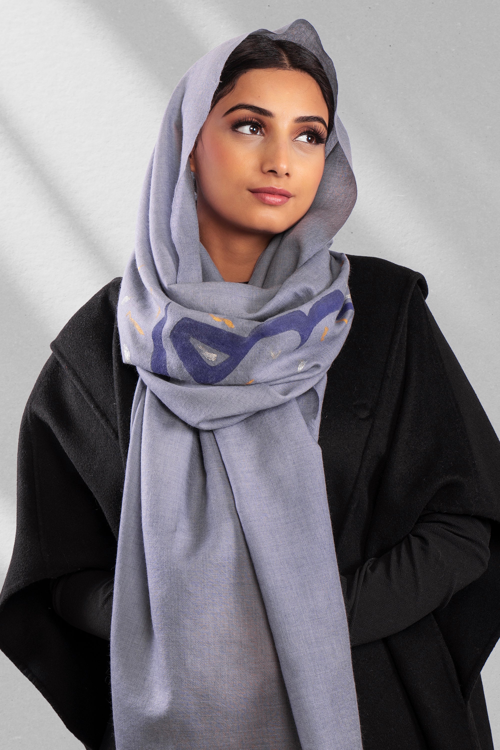 Grey Fine Wool Hand Painted Scarf - Umeed