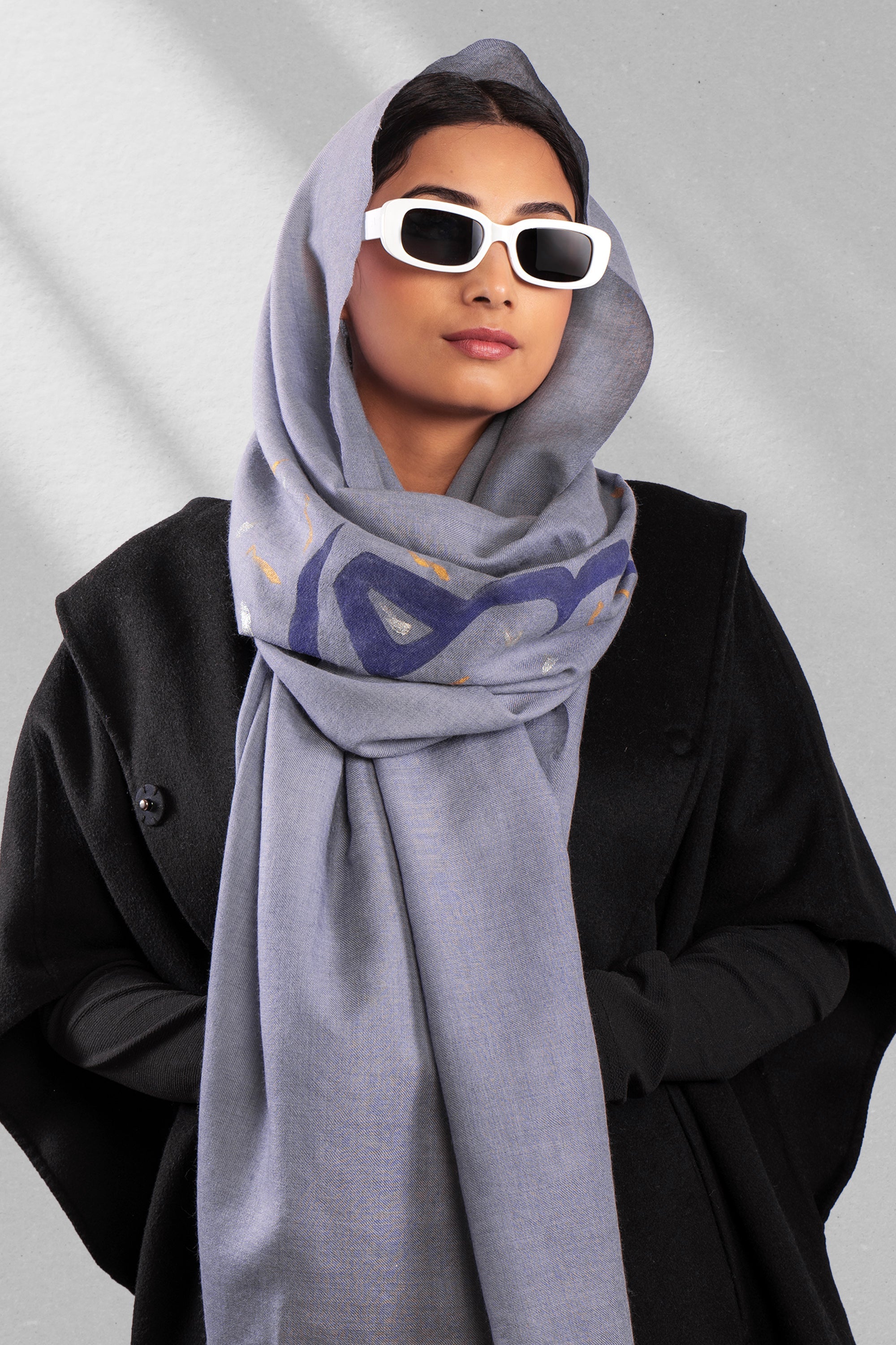 Grey Fine Wool Hand Painted Scarf - Umeed