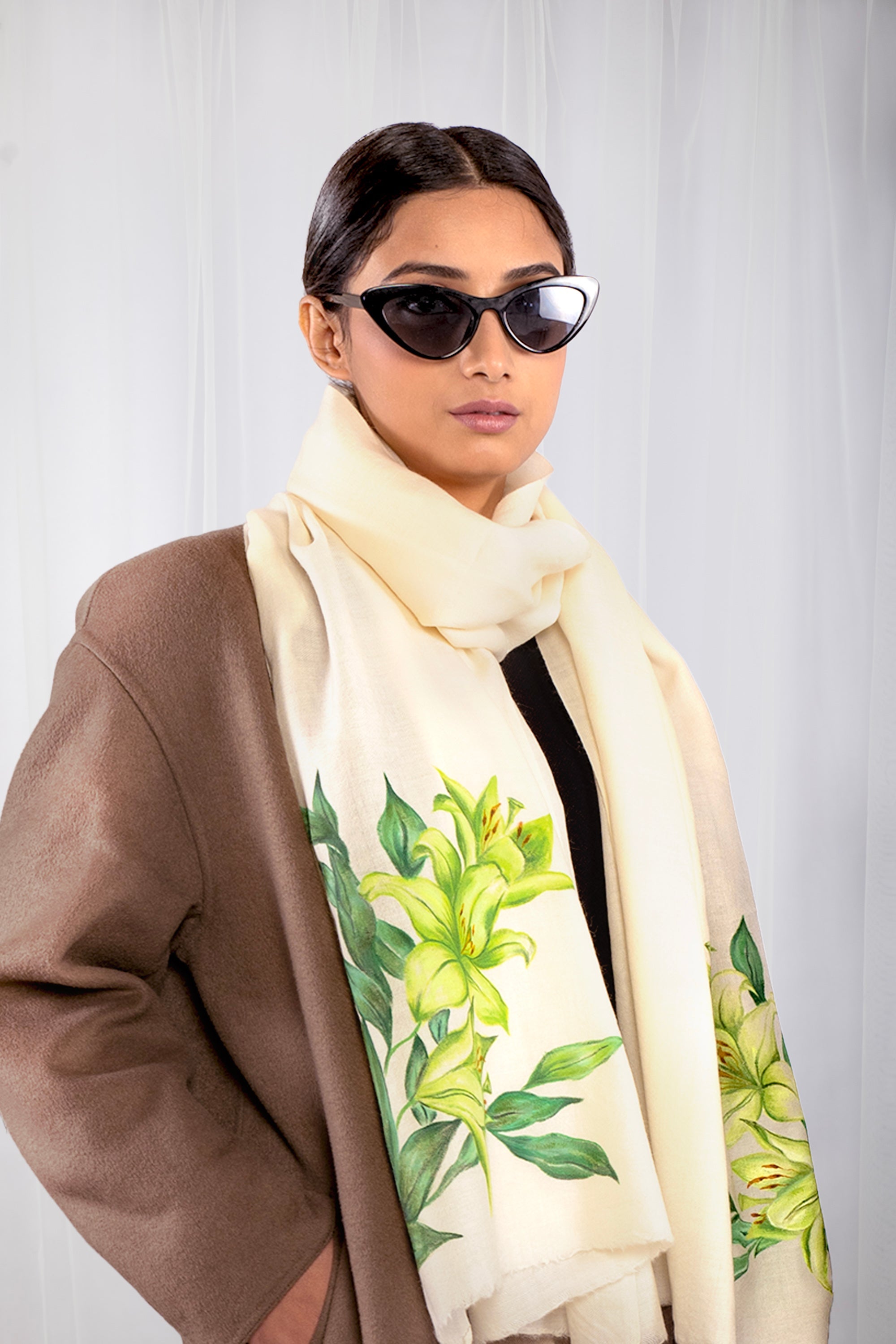 White Fine Wool Hand-Painted Scarf - Lilies and more
