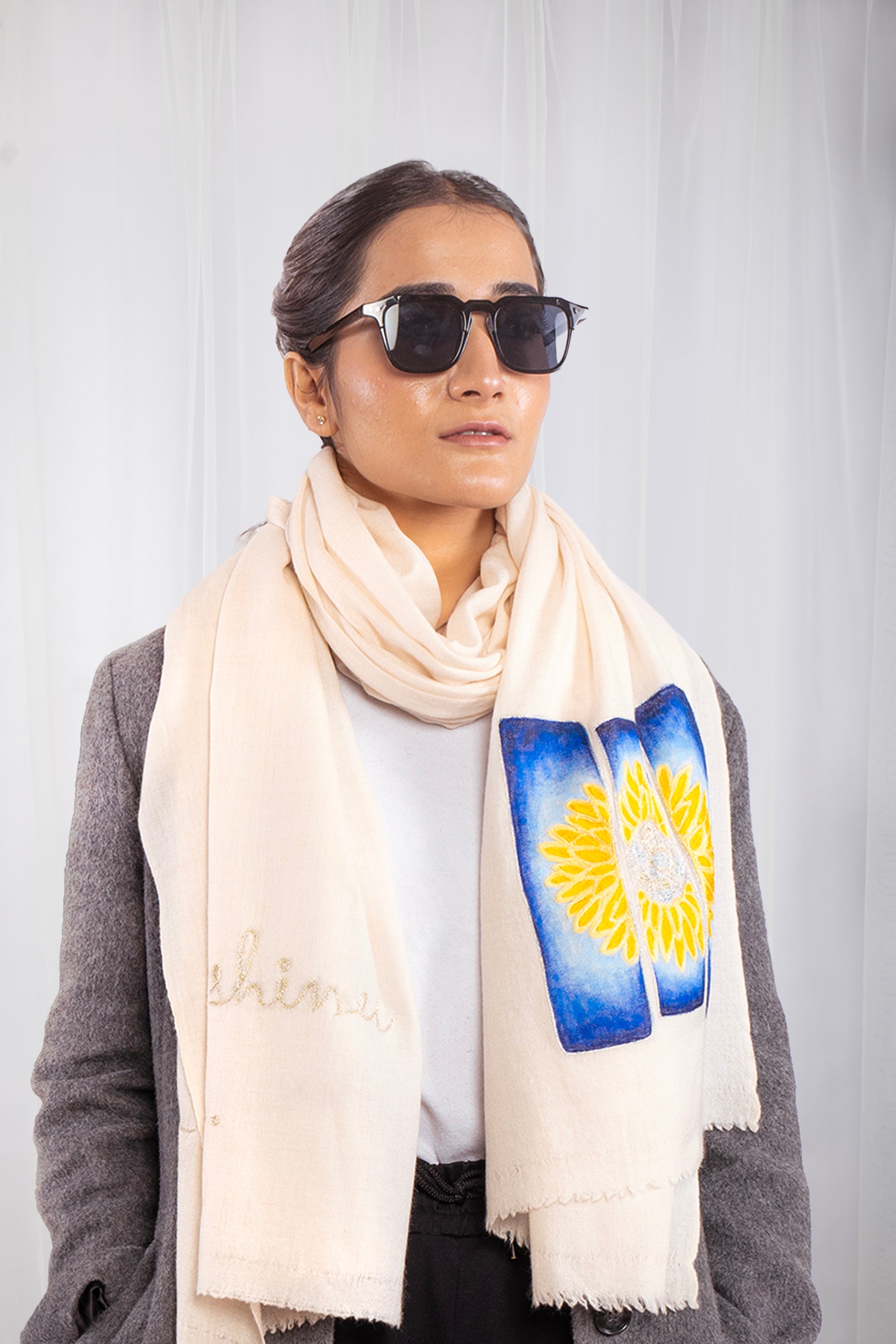 White Pure Pashmina Hand-Painted Scarf - Sketched Sunflowers