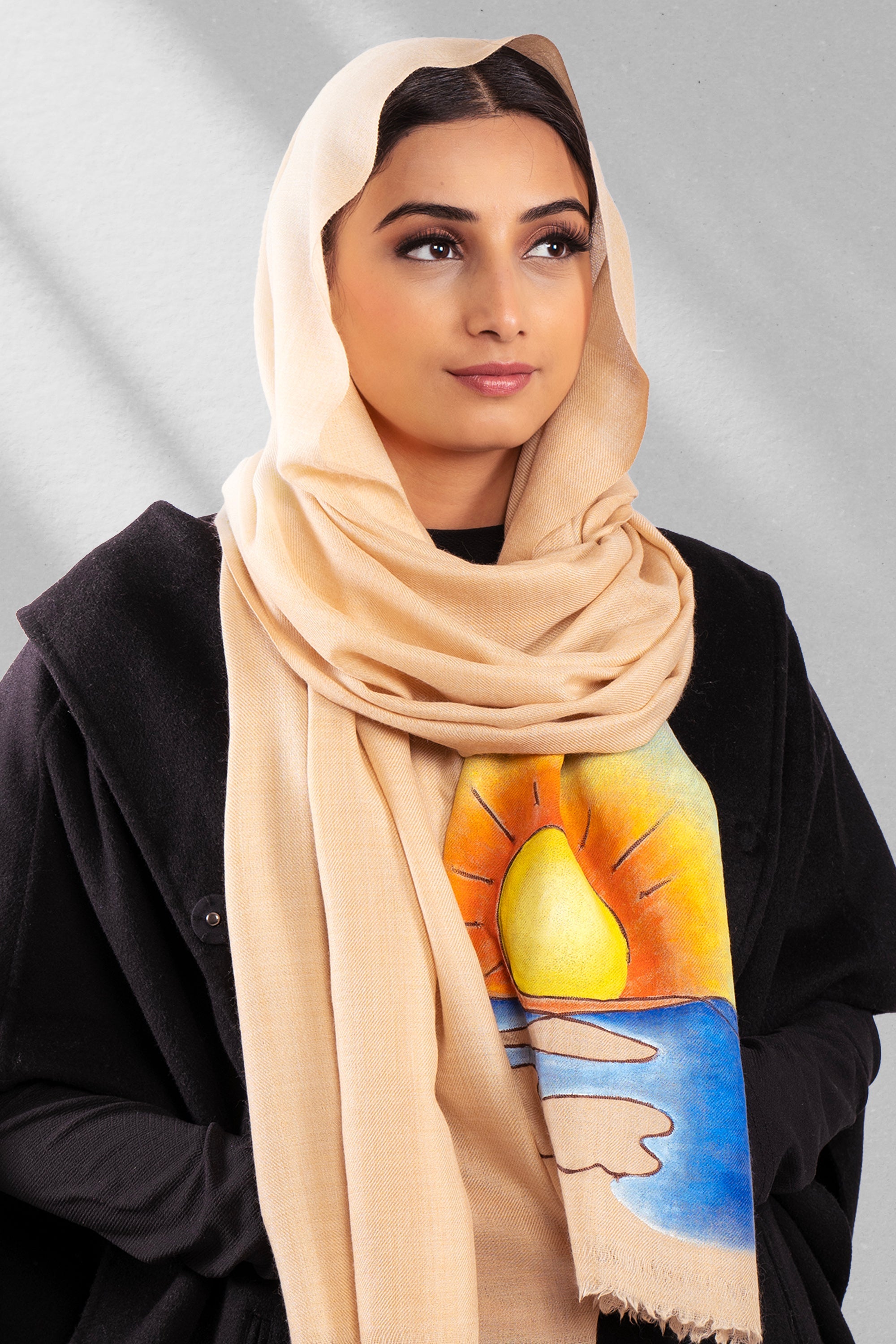 Beige Pure Pashmina Hand-Painted Scarf - Sunset Somewhere
