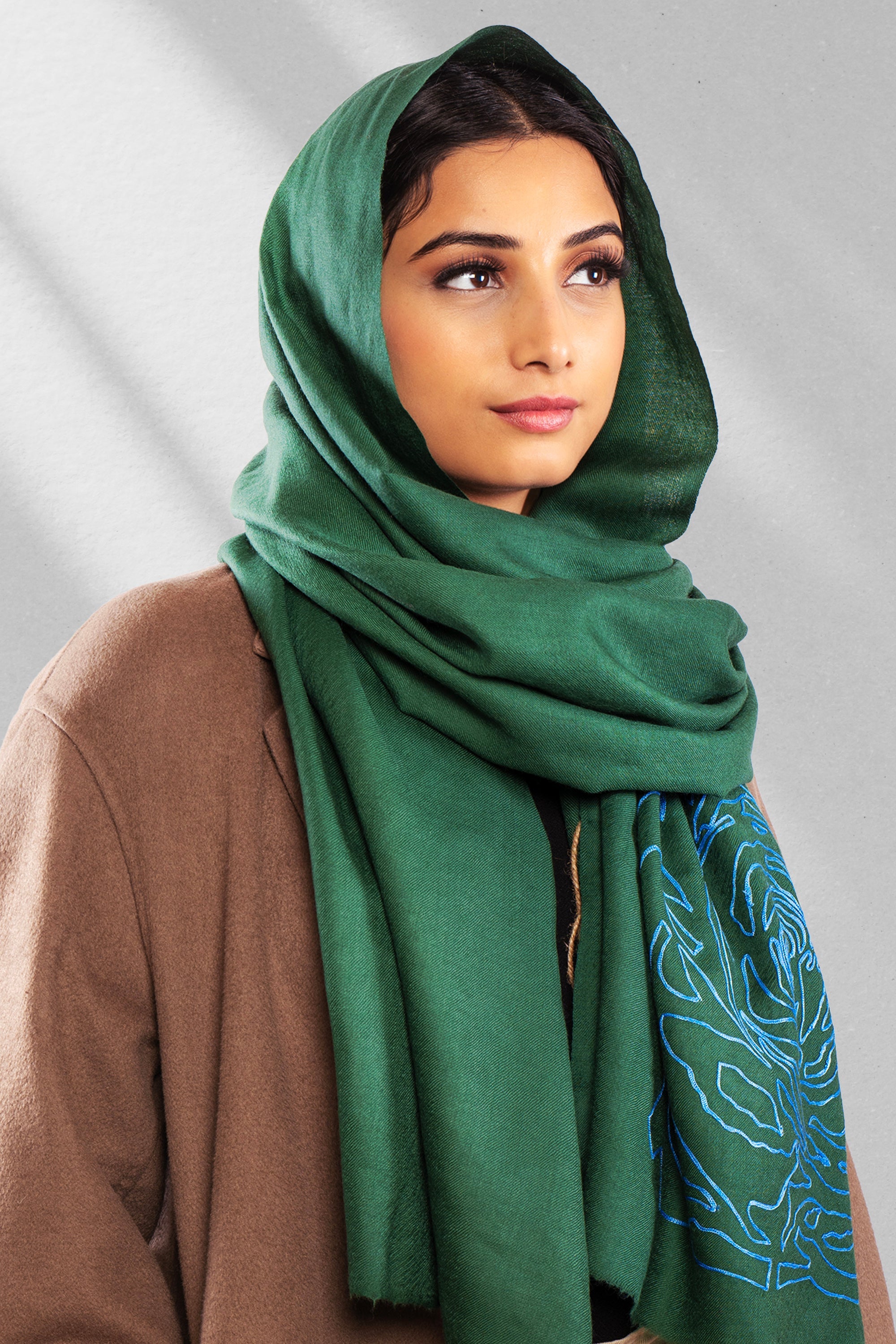 Green Pure Pashmina Embroidered Scarf - Have a Rosy Day