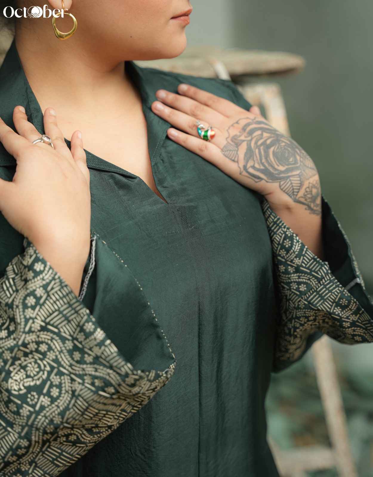 Emerald Silk Co-Ord Set in Real Silver Work