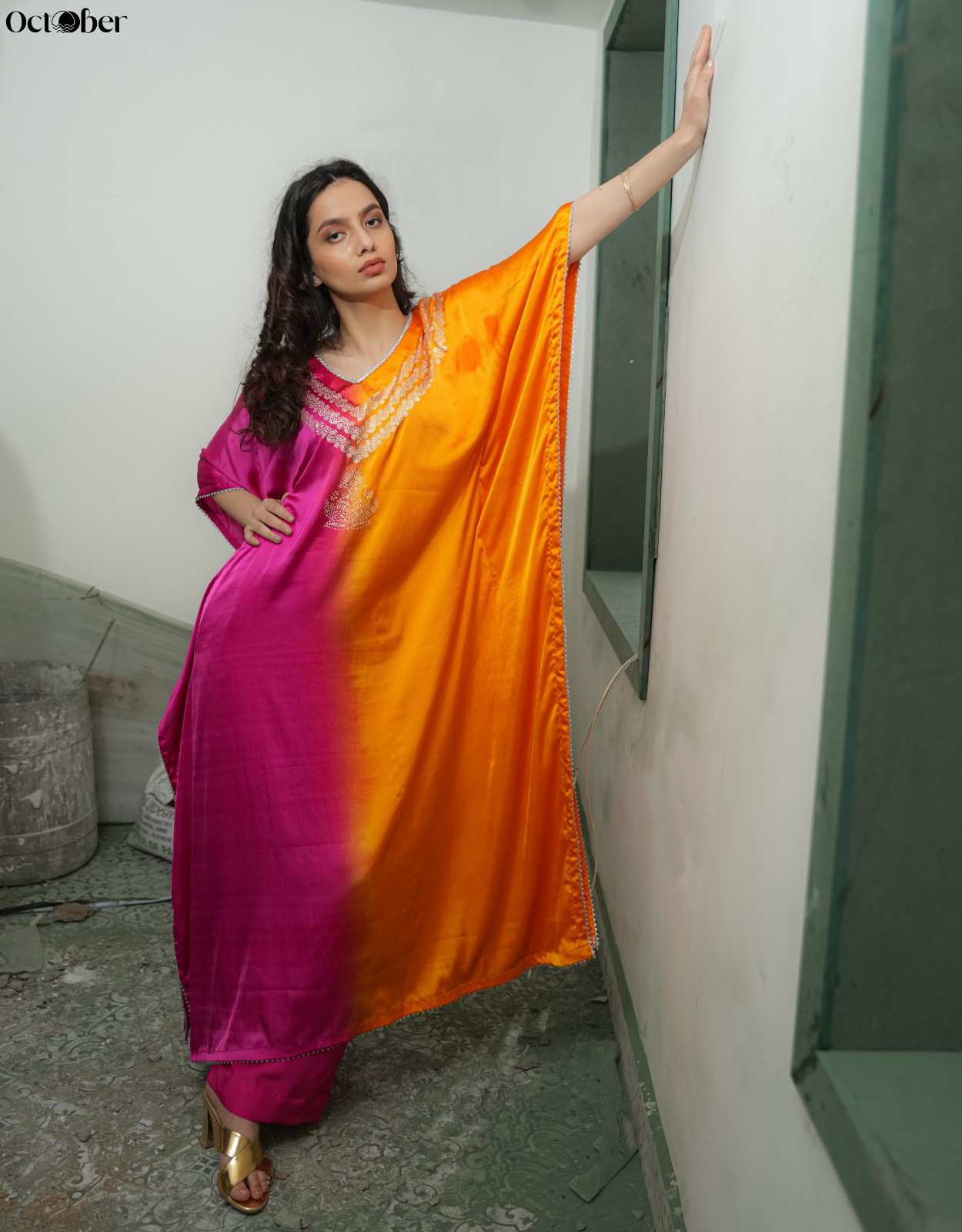 Magenta Mimosa Real Silver Kaftan in Organic Satin