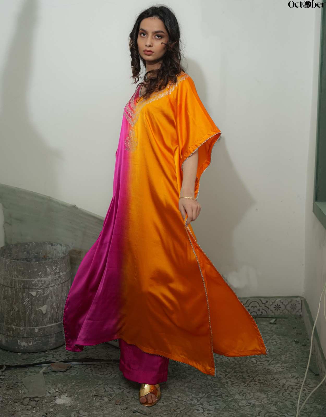 Magenta Mimosa Real Silver Kaftan in Organic Satin