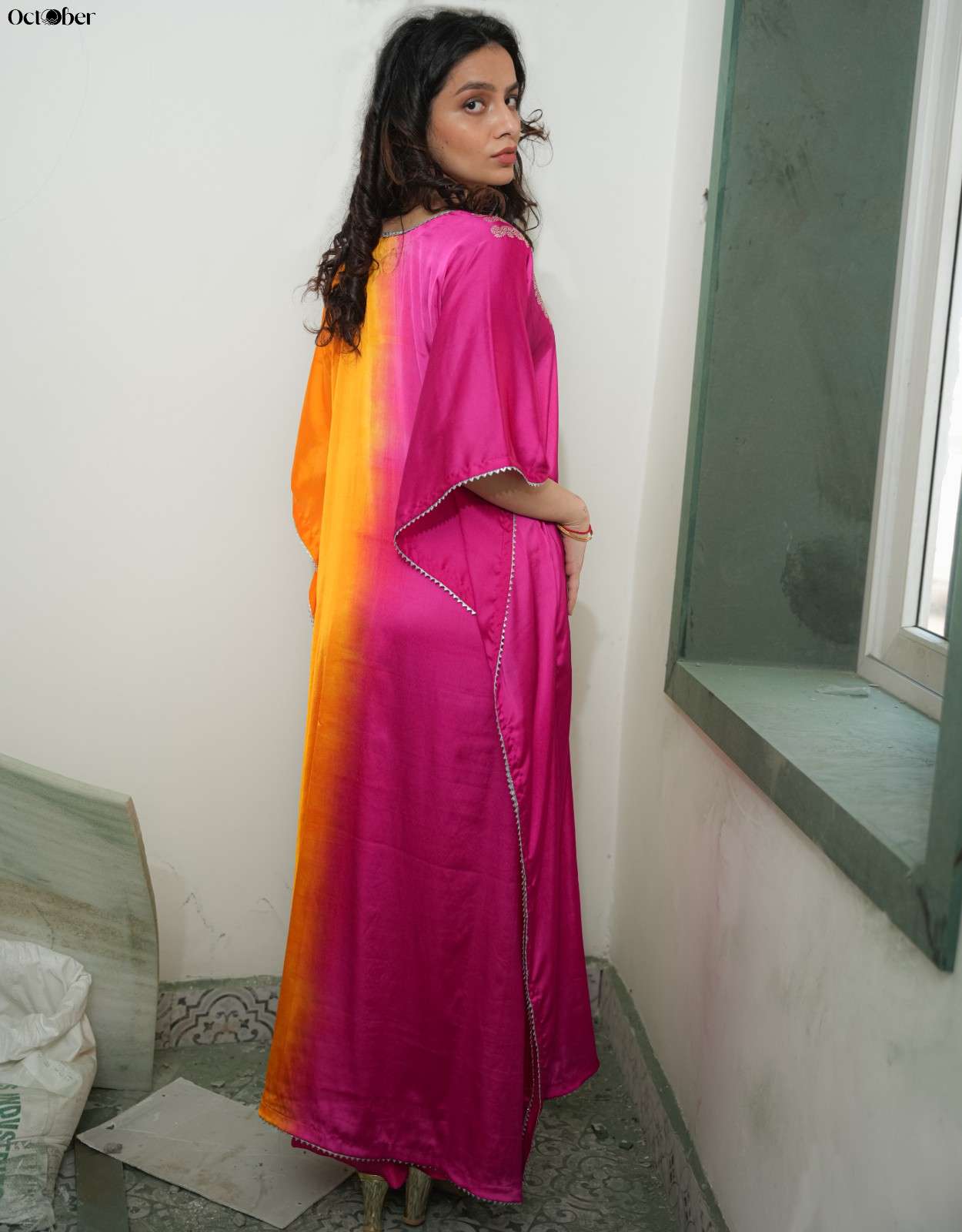 Magenta Mimosa Real Silver Kaftan in Organic Satin