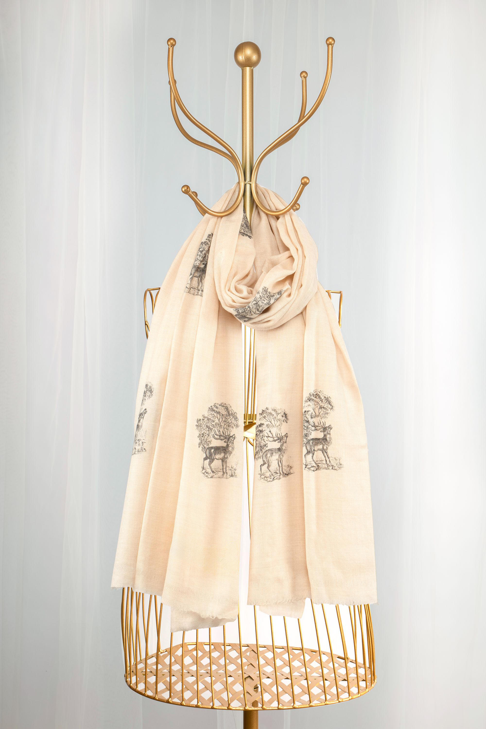 Beige Pure Pashmina Hand-Painted Scarf - Reining Rein Deer