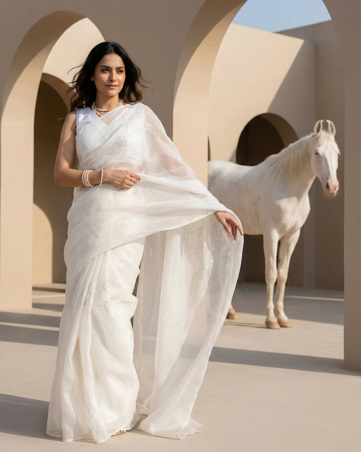 Pearl Organza Real Silver Saree