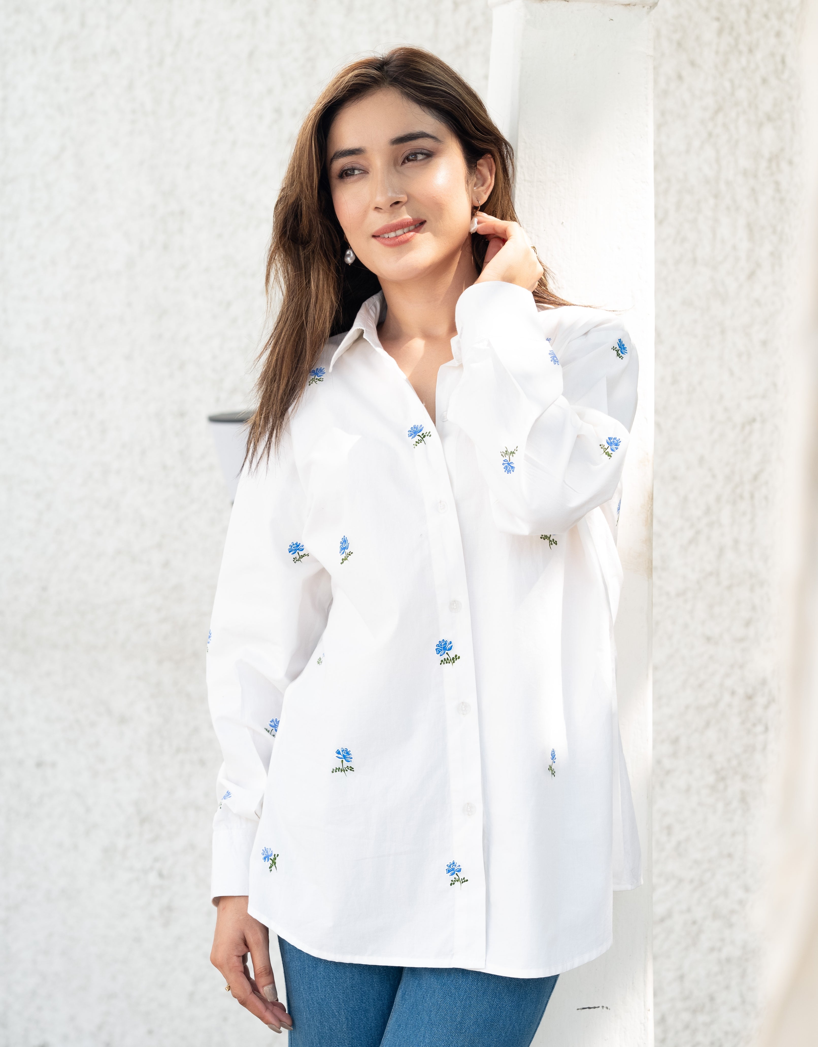 Porcelain Blue Rose Handpainted Cotton Shirt