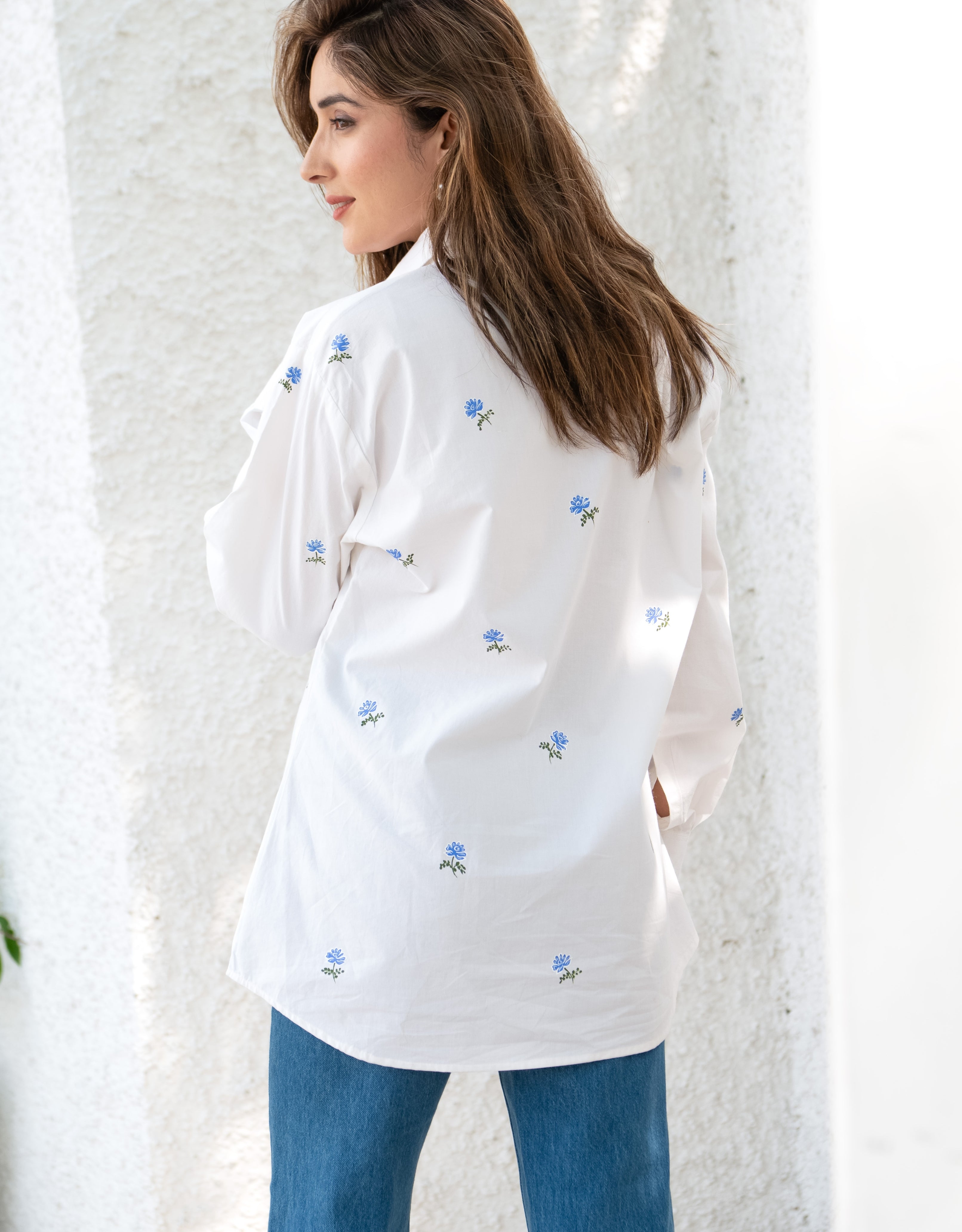 Porcelain Blue Rose Handpainted Cotton Shirt
