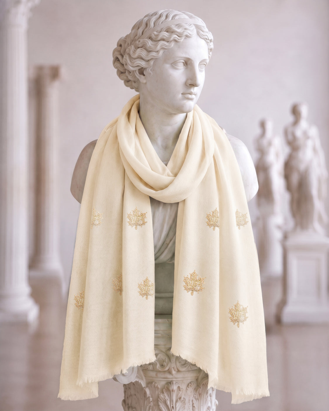 Off White Chinar Patta Embroidered Pure Pashmina Scarf
