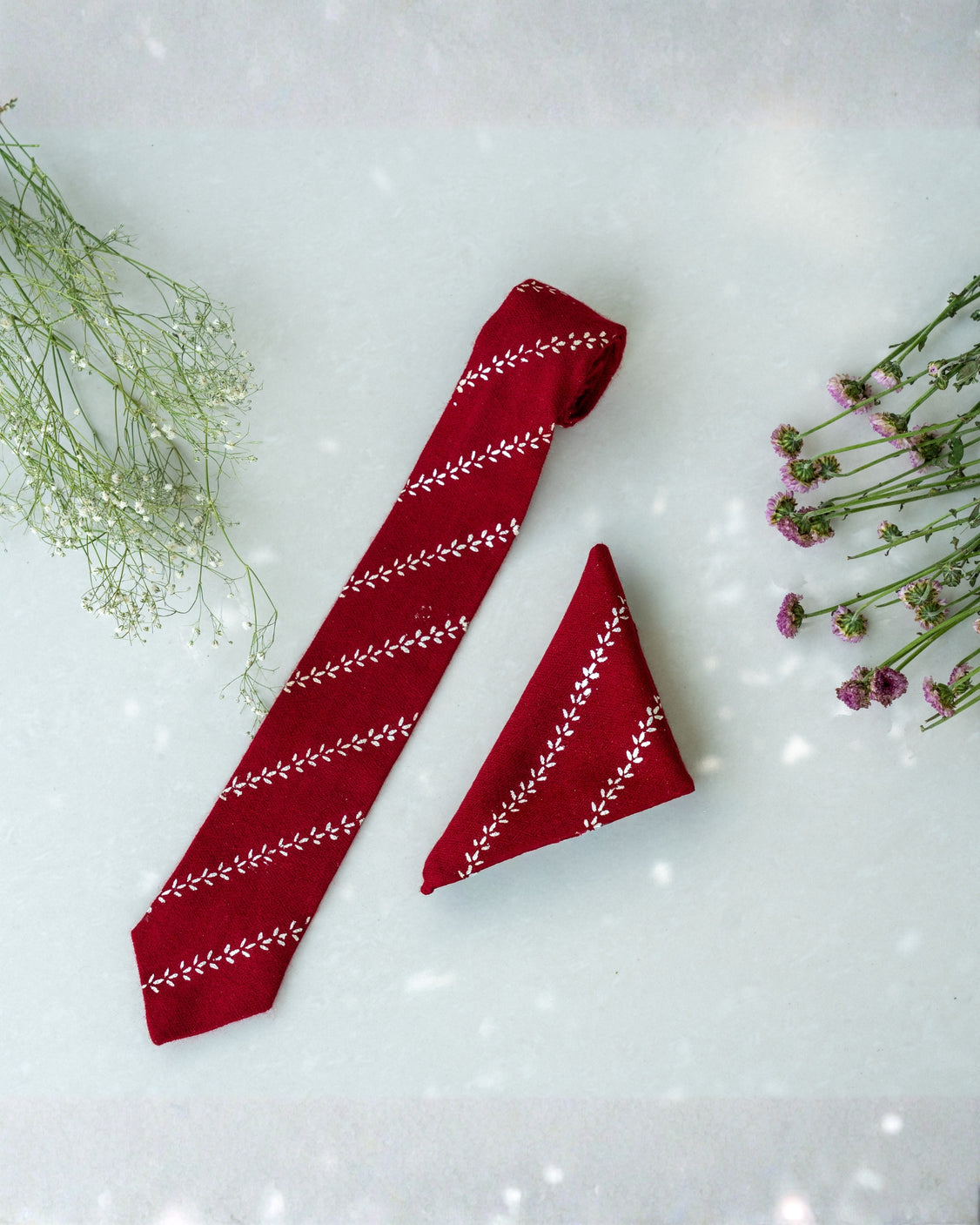 Maroon Pure Pashmina Silver Printed Tie & pocket Square Set