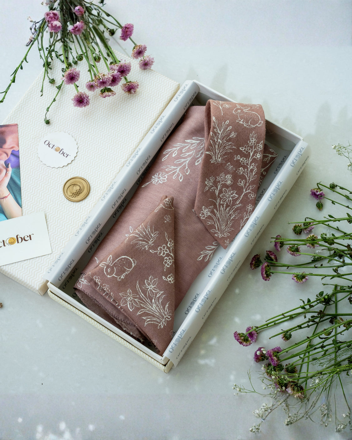 Dusty Rose Hand-Painted Chanderi Silk Scarf & Pure Pashmina Tie & Pocket Square Gift Set
