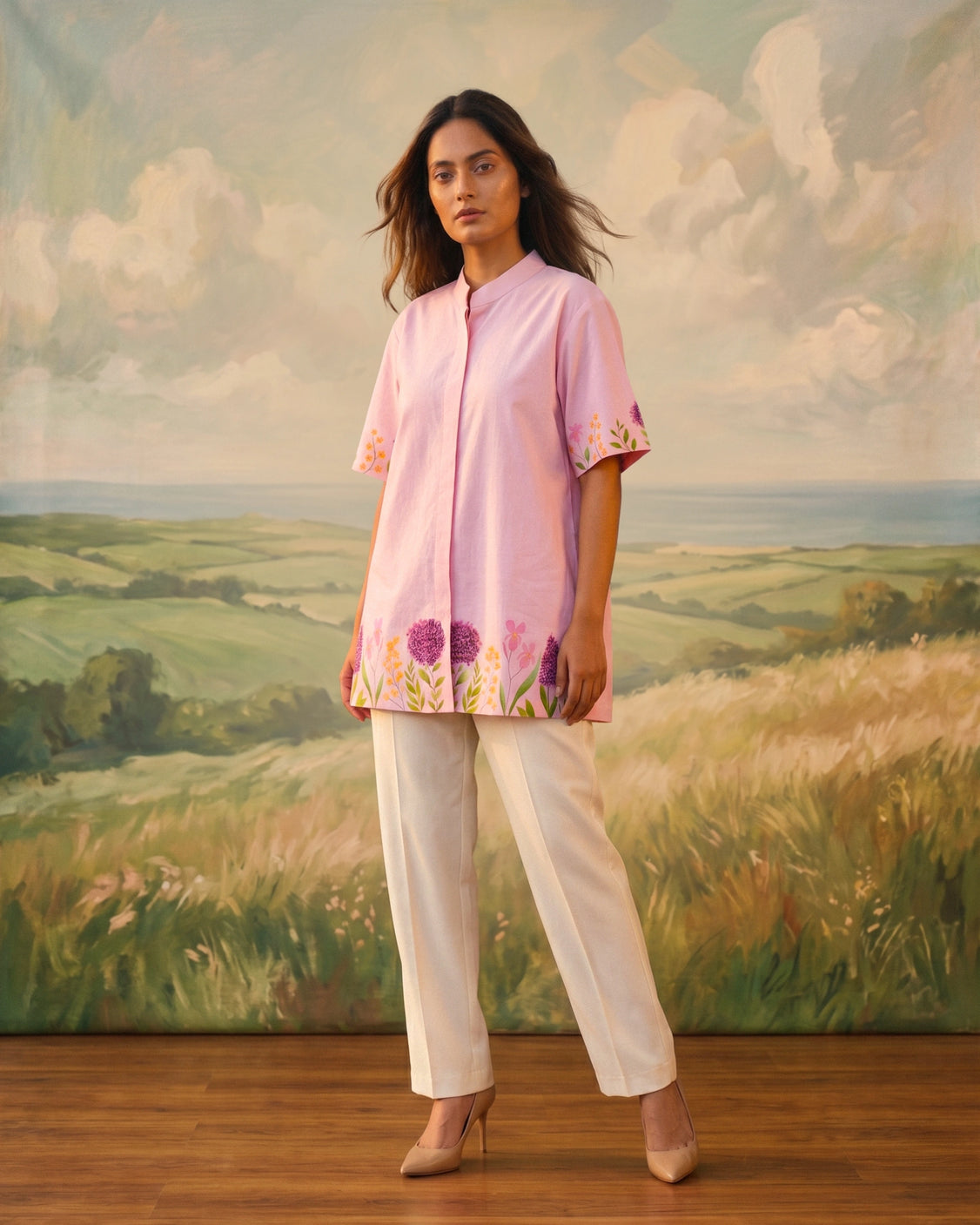 Blush Floral Handpainted Cotton Shirt
