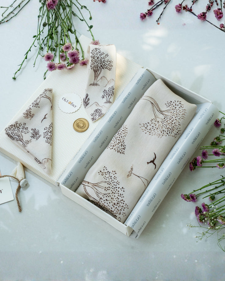 Ivory Hand-Painted Chanderi Silk Scarf & Pure Pashmina Tie & Pocket Square Gift Set