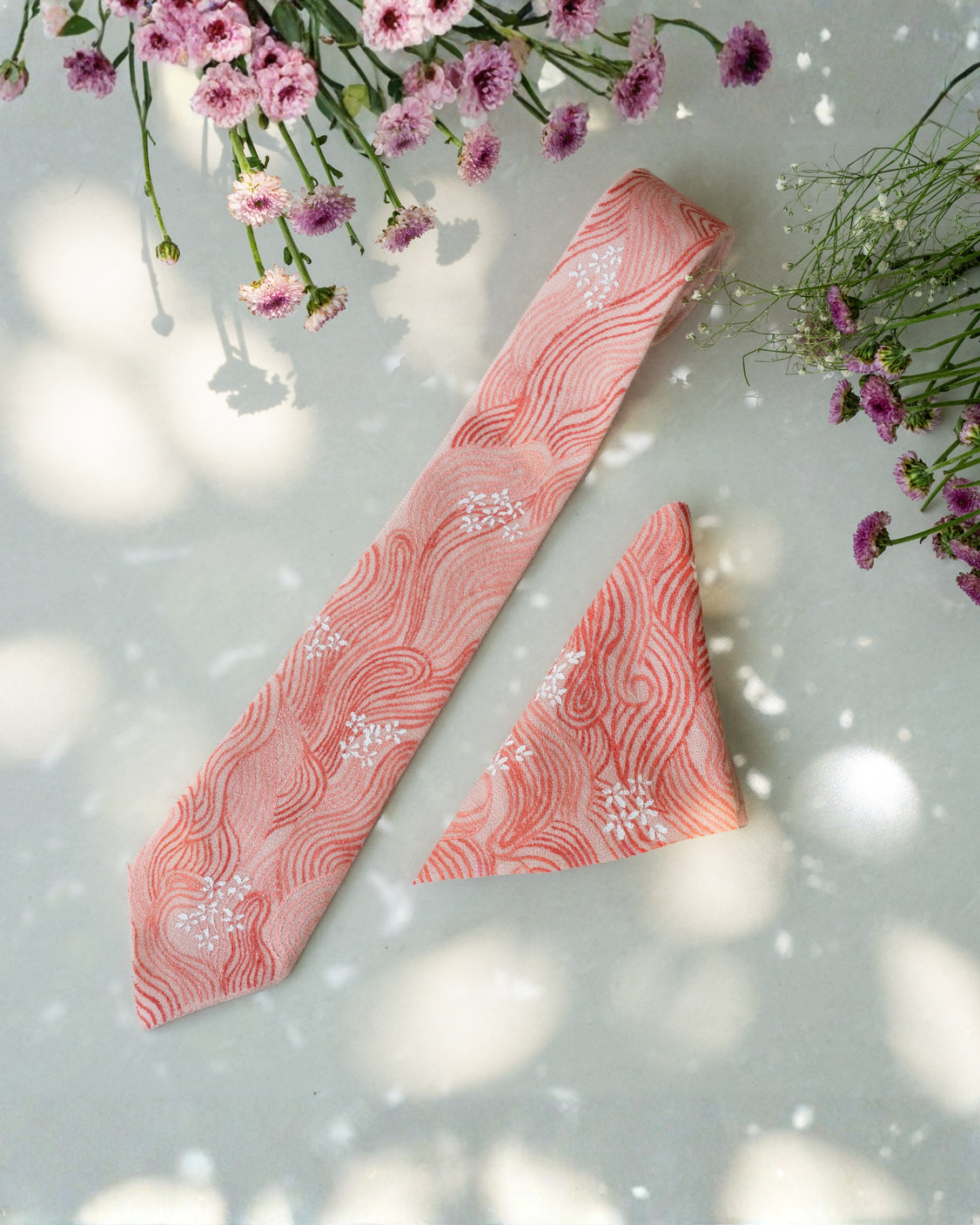 Blush Pink Hand-Painted Pure Pashmina Tie & Pocket Square Set