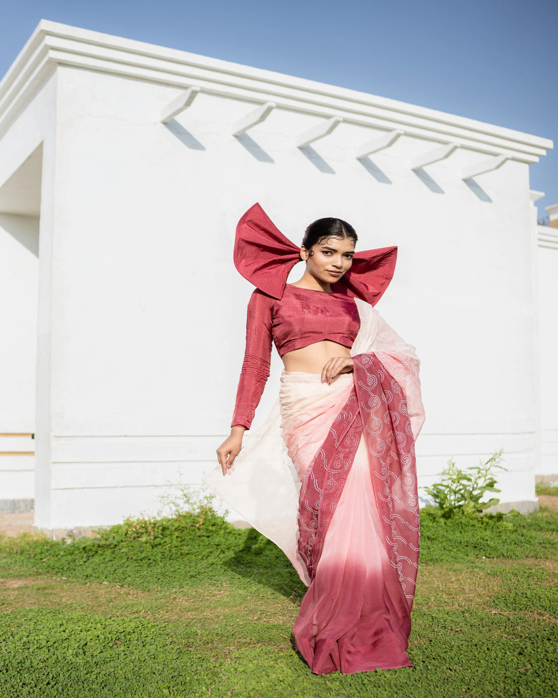 Burgundy Blush Silver Printed Organza Saree