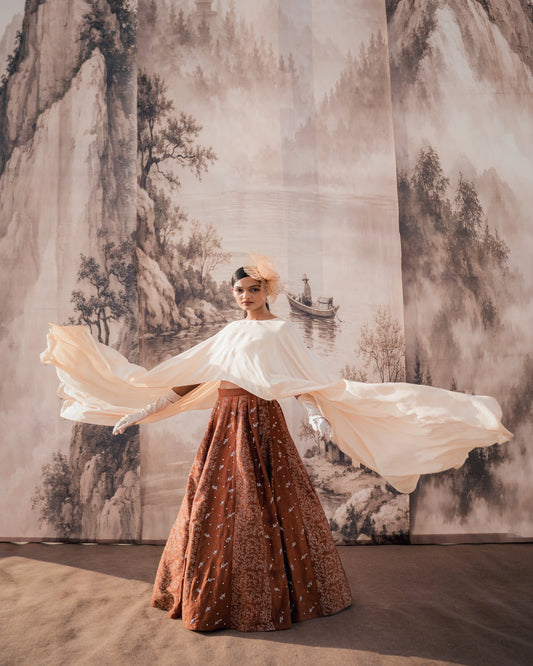 Chocolate Beige Silver Printed & Embroidery Skirt & Cape