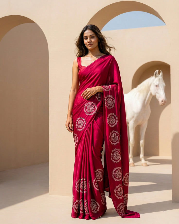 Wine Real Silver Organic Crepe Saree