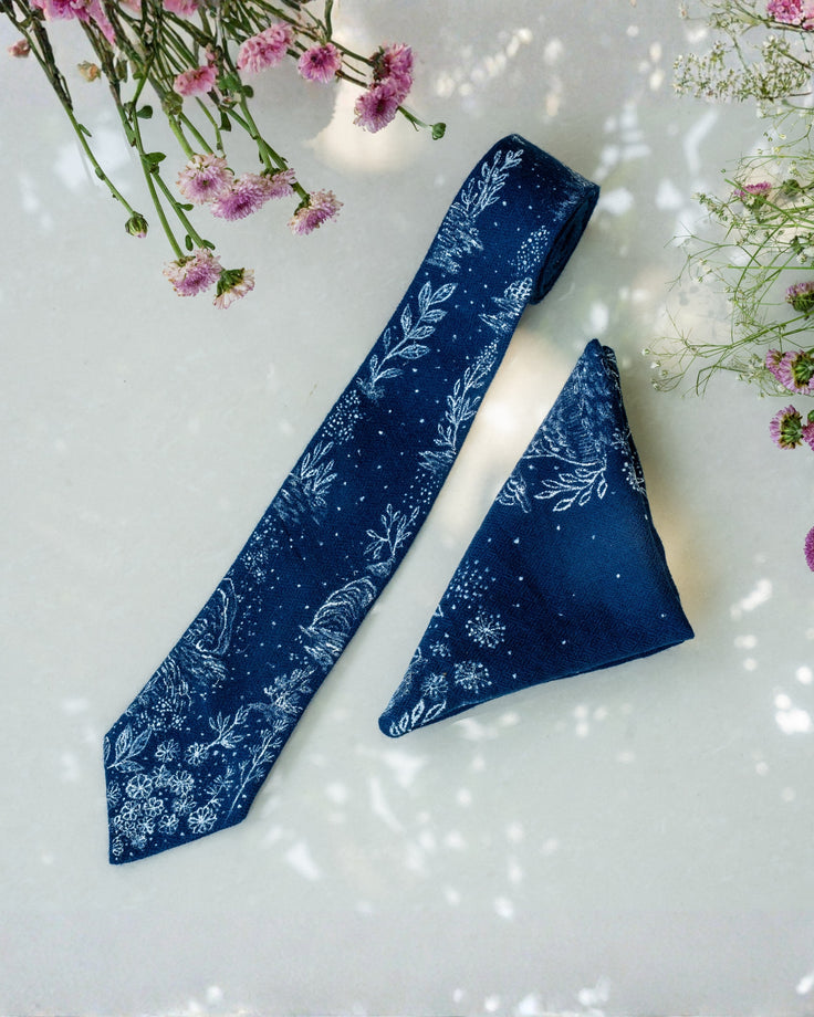 Midnight Blue Hand-Painted Pure Pashmina Tie & Pocket Square Set