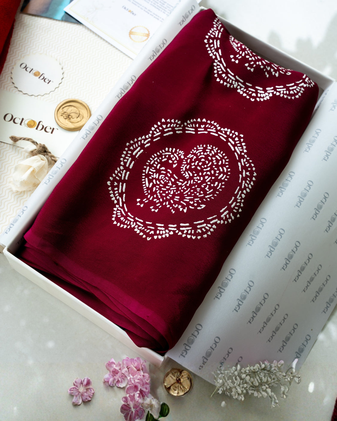 Wine Real Silver Organic Crepe Saree & Pure Pashmina Silver Printed Scarf