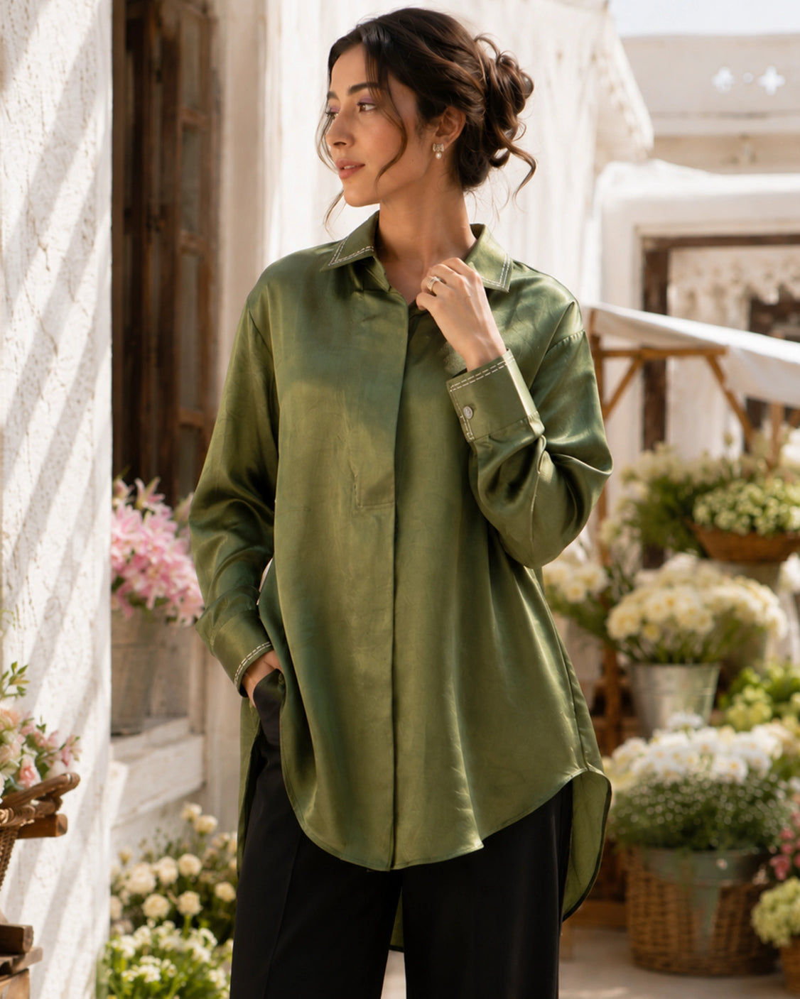Sage Real Silver Back Pleat Mashru Shirt