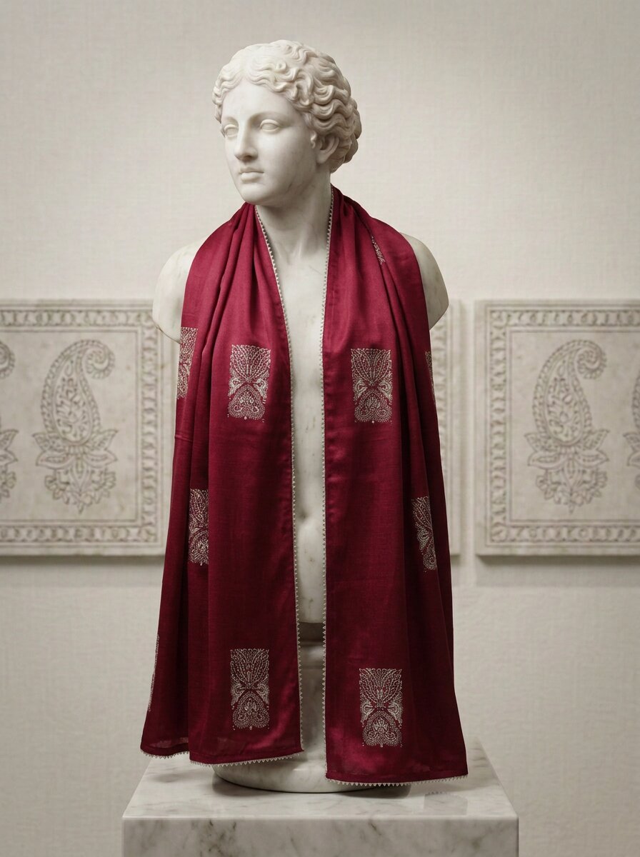 Maroon Real Silver Printed Duppata & Pure Pashmina Tie & Pocket Square Set
