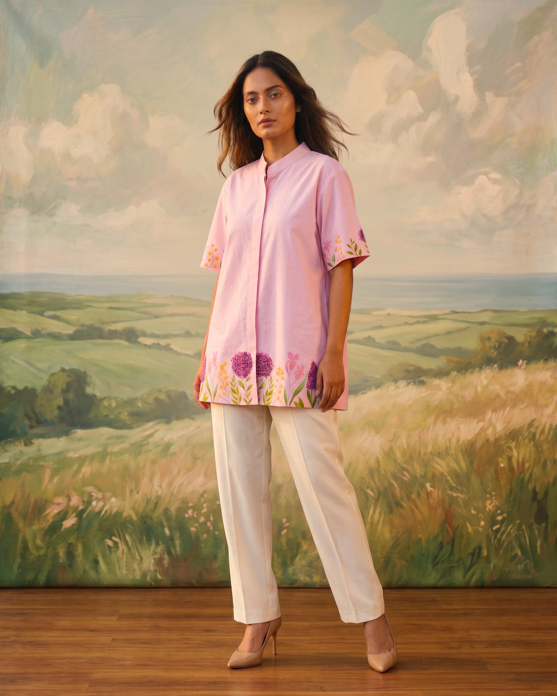Blush Floral Handpainted Cotton Shirt