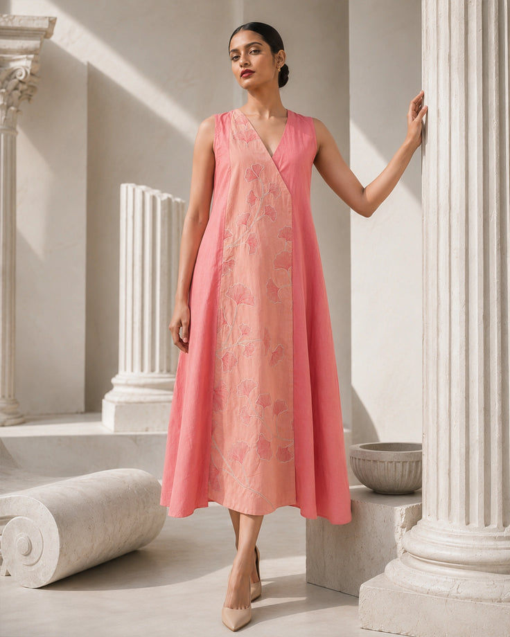 Blush Embroidered & Handpainted Anghrakha Cotton Dress