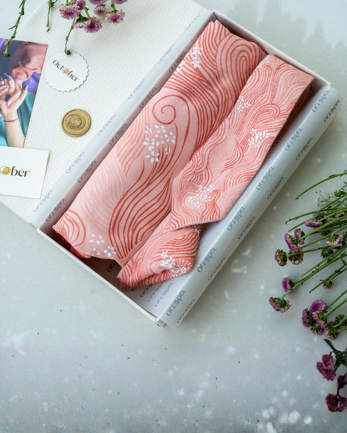 Blush Pink Hand-Painted Chanderi Silk Scarf & Pure Pashmina Tie & Pocket Square Gift Set