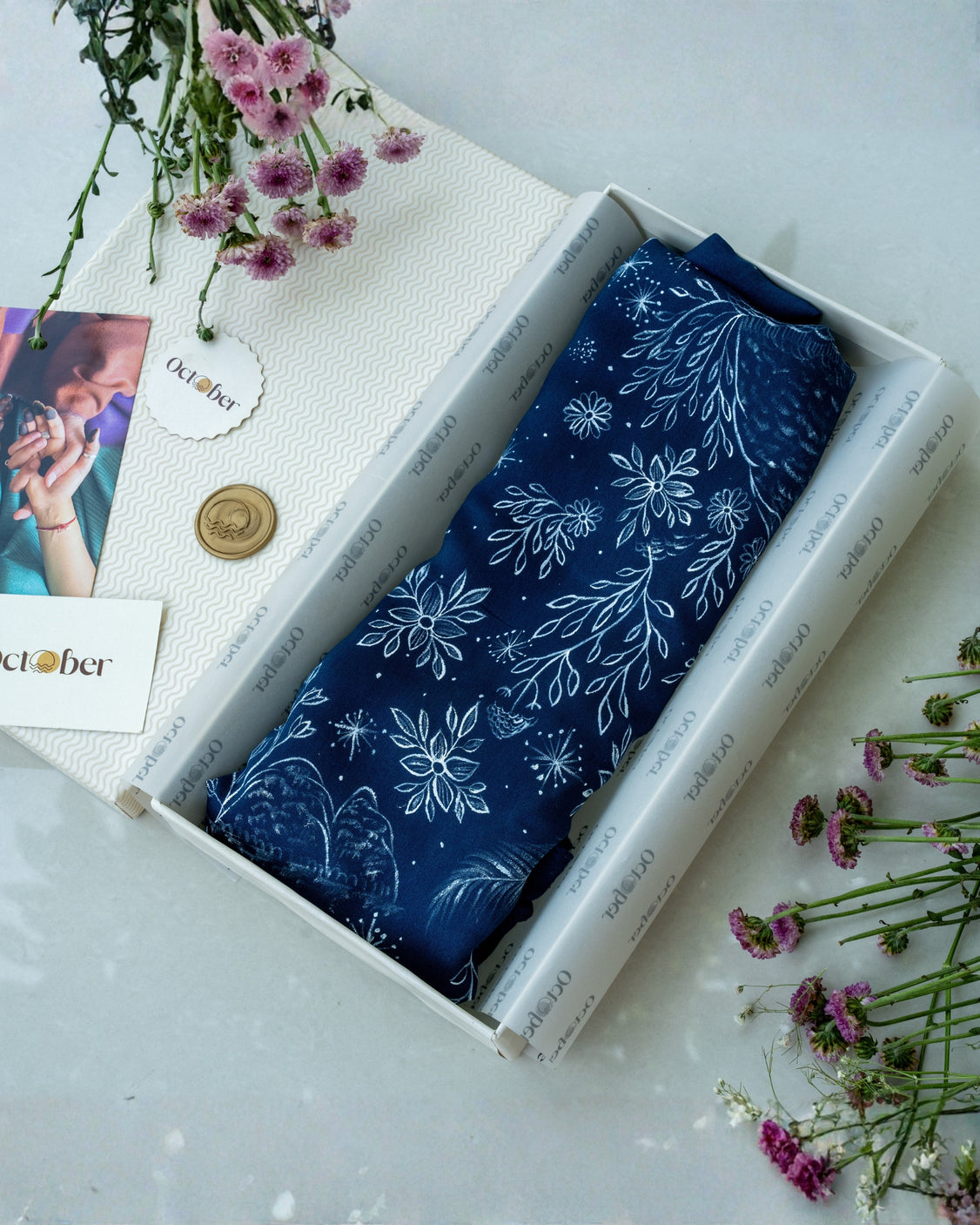 Midnight Blue Hand-Painted Chanderi Silk Scarf