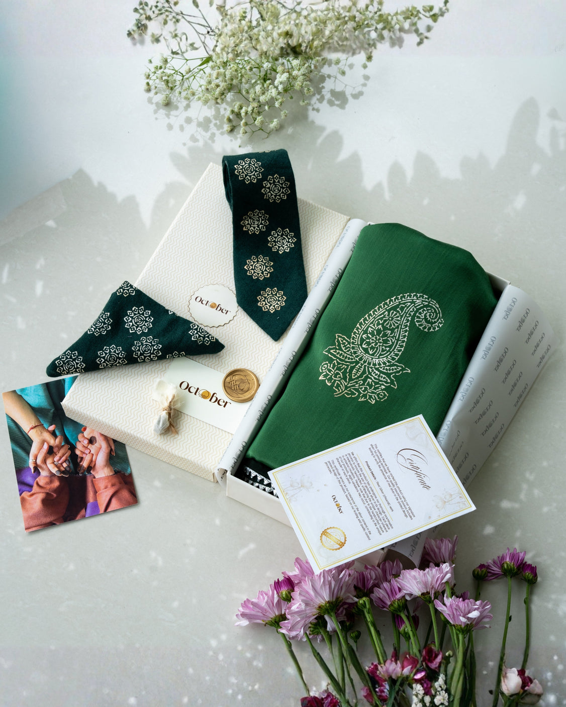 Green Real Silver Printed Mashru Dupatta & Pure Pashmina Tie & Pocket Square Set