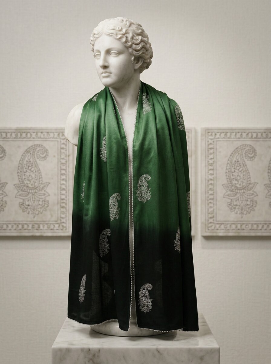 Green Real Silver Printed Mashru Dupatta & Pure Pashmina Tie & Pocket Square Set